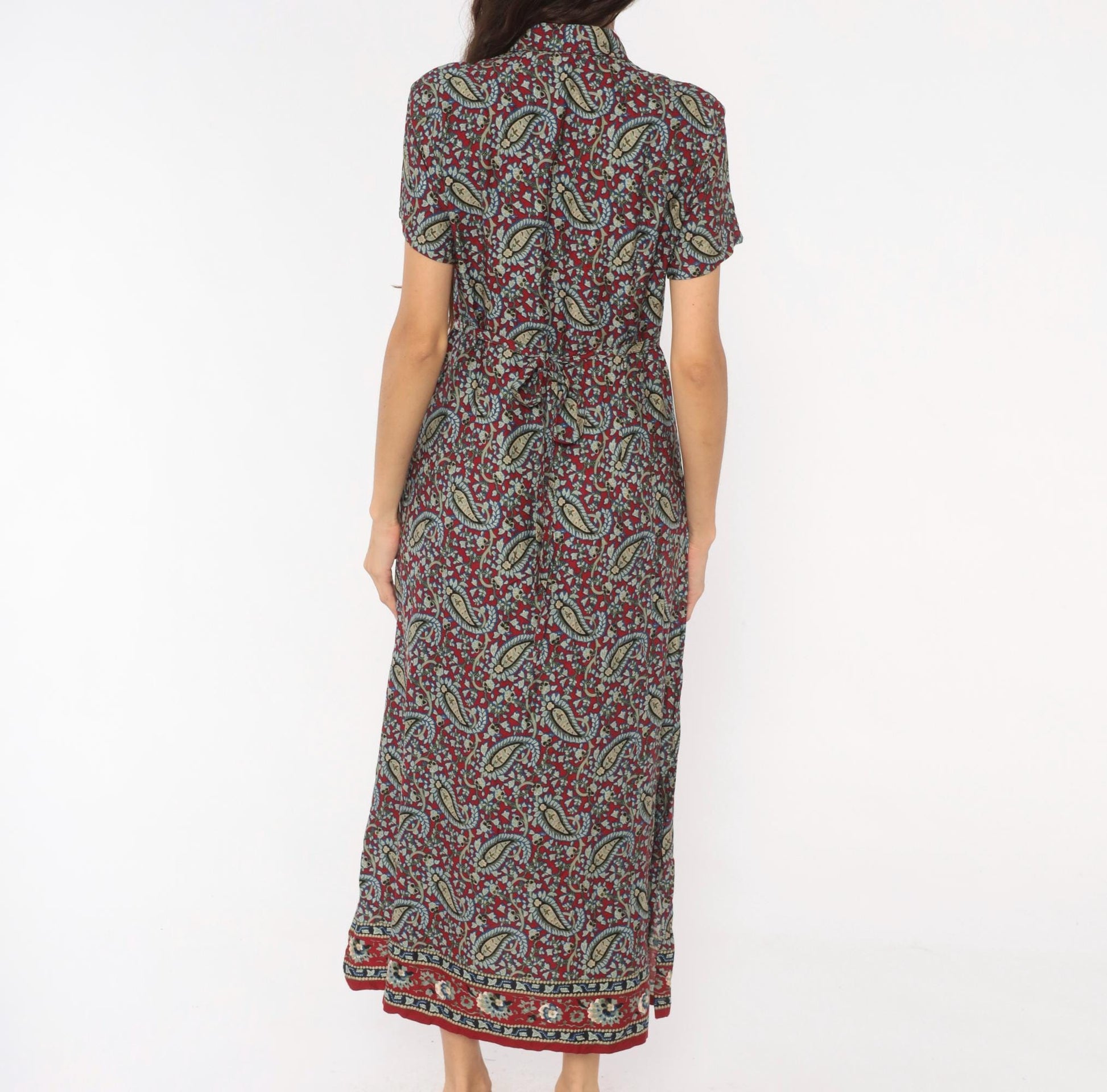 90s Crazy Horse Paisley Maxi Shirtdress Burgundy Small S