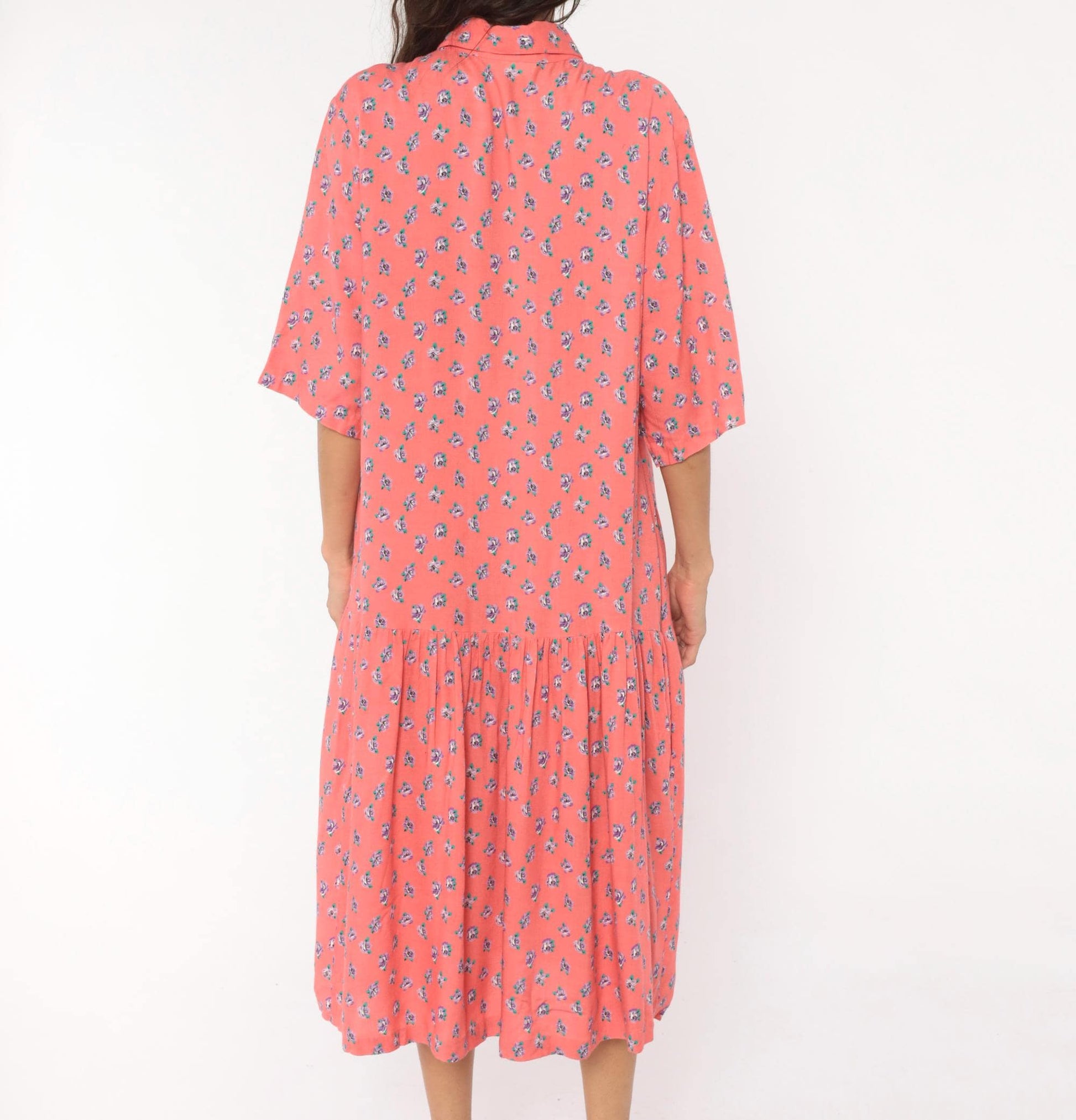 90s Mothercare Maternity Coral Rose Print Midi Dress Button Front Large L