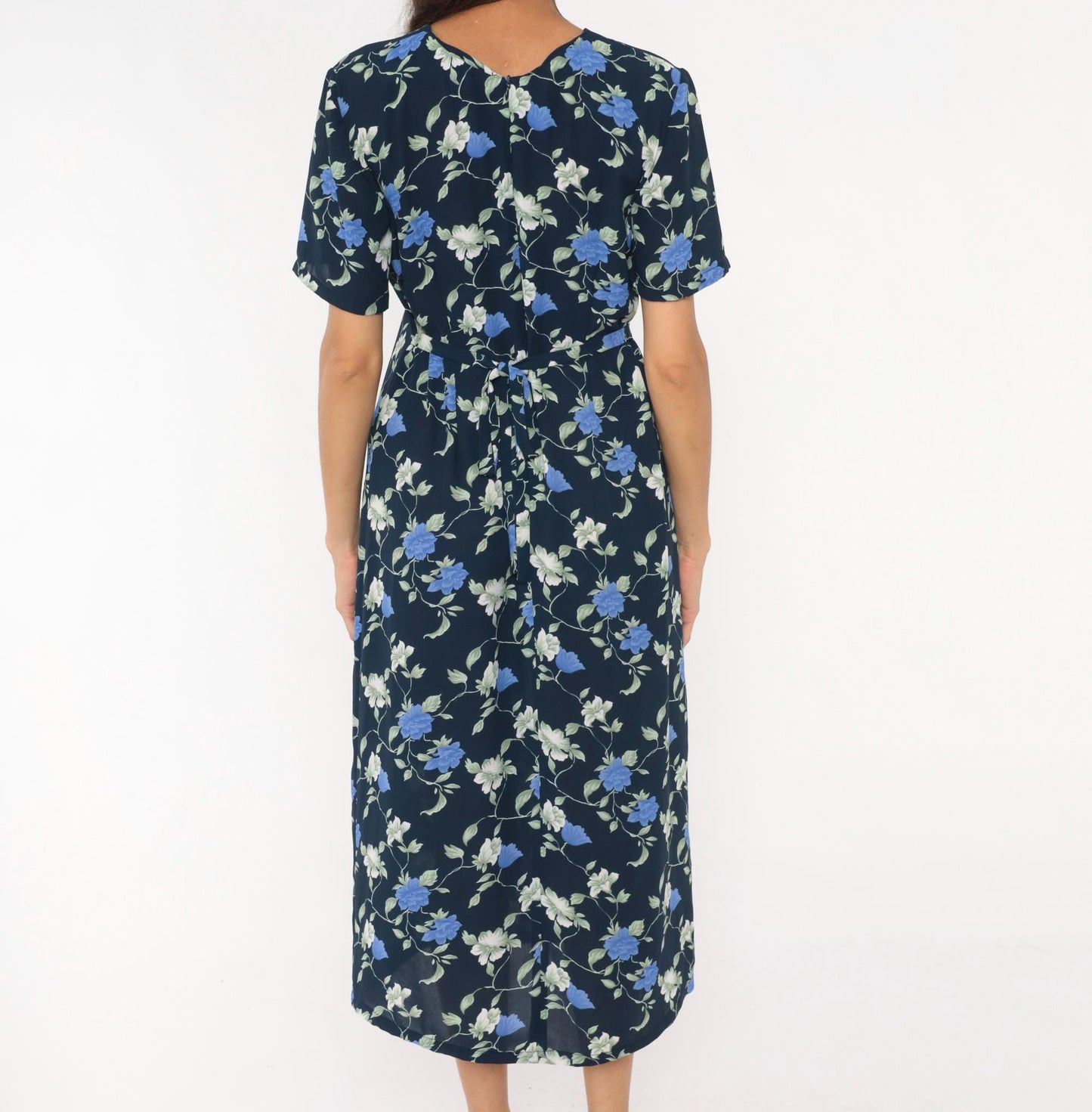 90s J.E. Fashion Floral Midi Dress Navy Blue Rose Print Short Sleeve Medium M