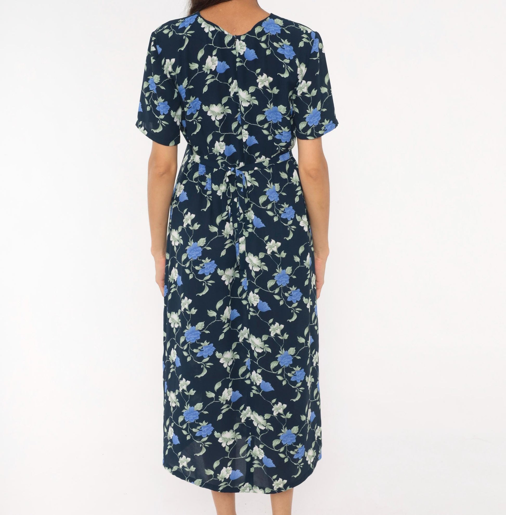 90s J.E. Fashion Floral Midi Dress Navy Blue Rose Print Short Sleeve Medium M