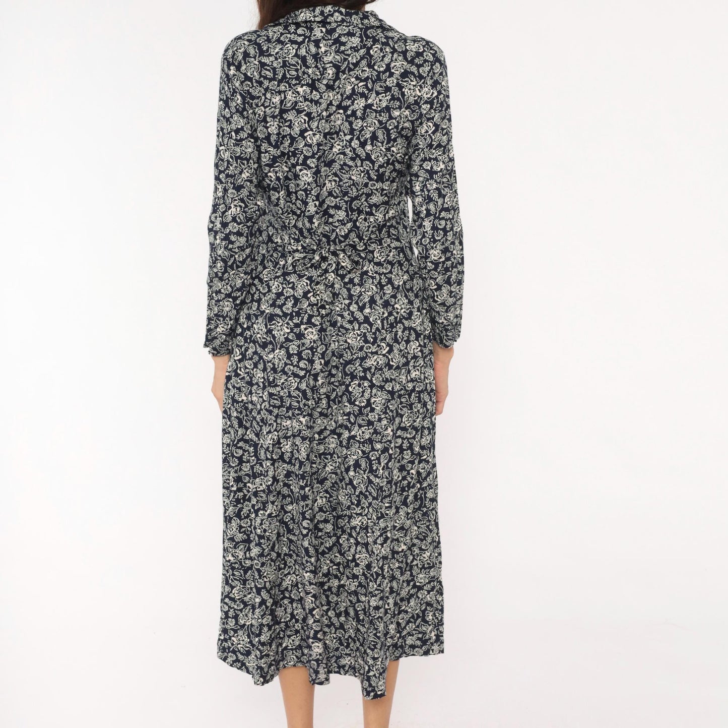 90s Two Twenty Floral Button Front Midi Dress Navy Cream Rose Print Medium M