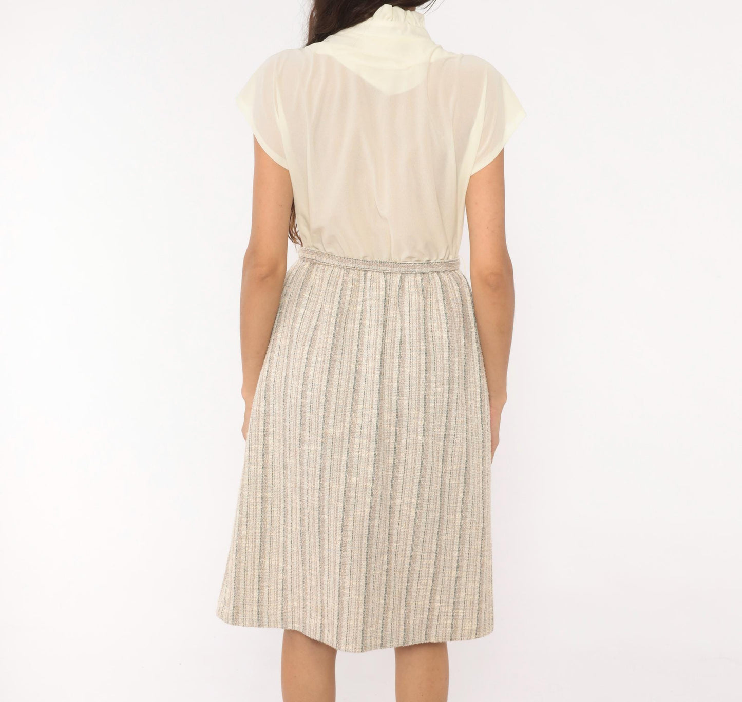 80s Berg Ray Two-Piece Set Sheer Cream Blouse Tan Tweed Skirt Medium M