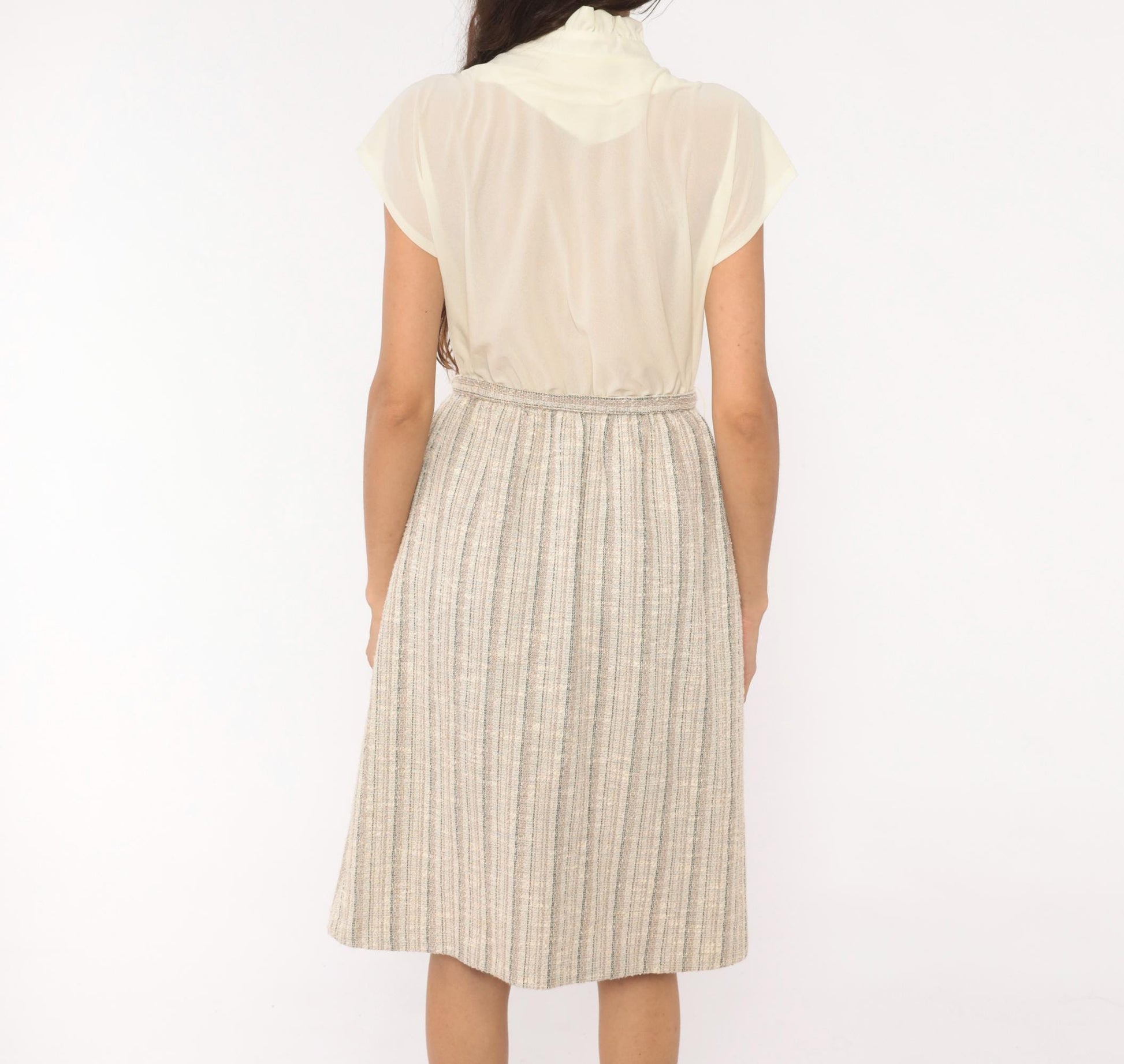 80s Berg Ray Two-Piece Set Sheer Cream Blouse Tan Tweed Skirt Medium M