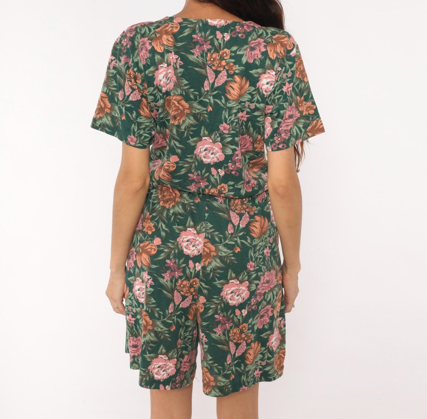 90s Shenanigans Floral Romper Green Pink Rose Drawstring Waist Medium M