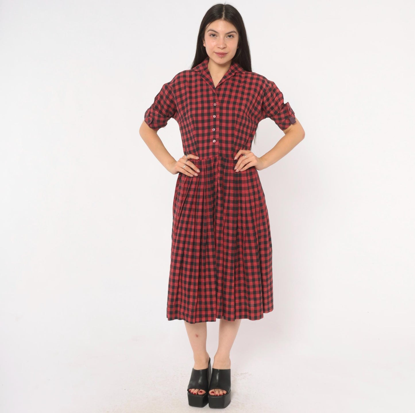 60s Meg Marlowe Buffalo Check Shirtdress Burgundy Black Plaid Cotton Small