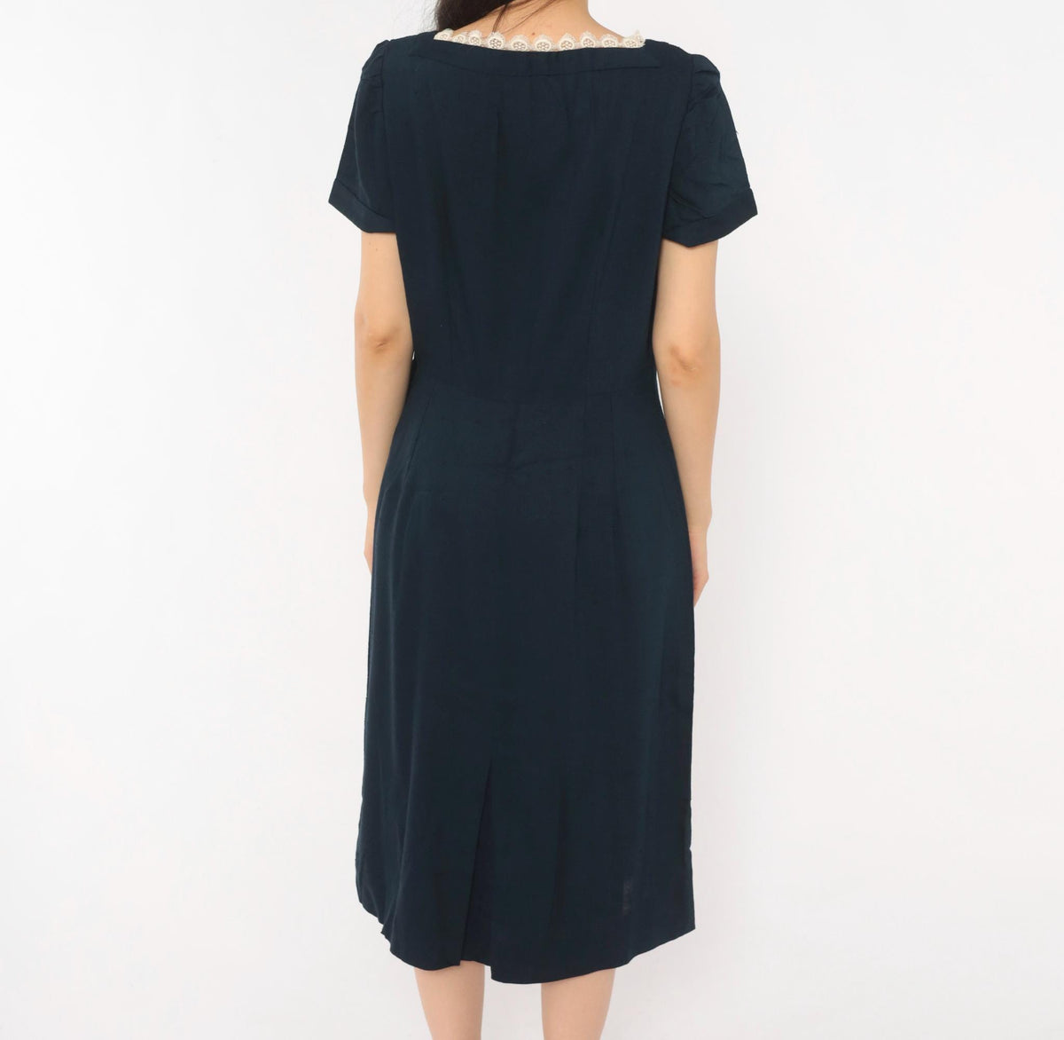 60s Navy Dress Square Neck Lace Trim A-Line Short Sleeve Side Zip Medium M