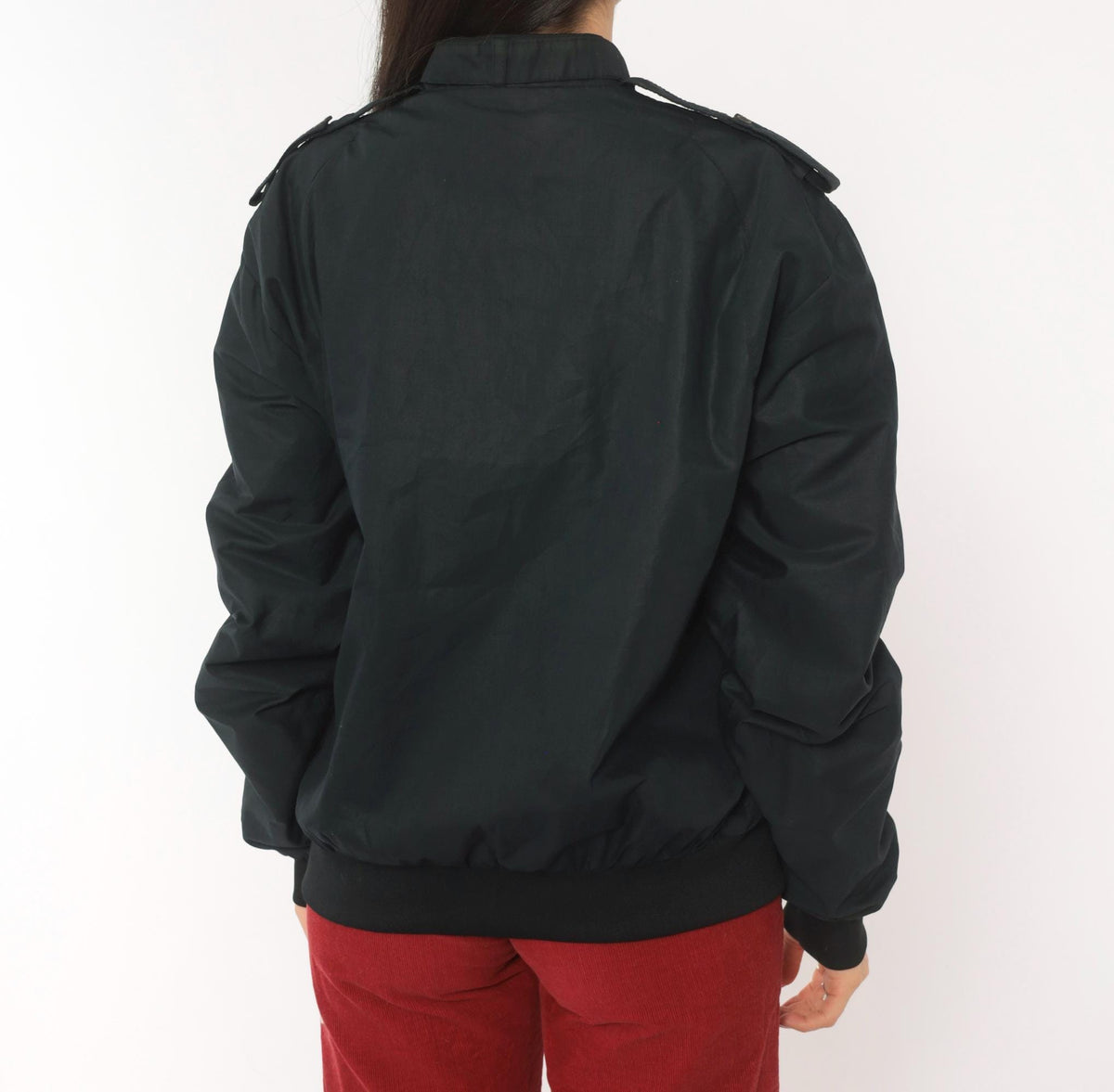 90s Black Bomber Jacket Zip Front Epaulette Military Windbreaker Medium