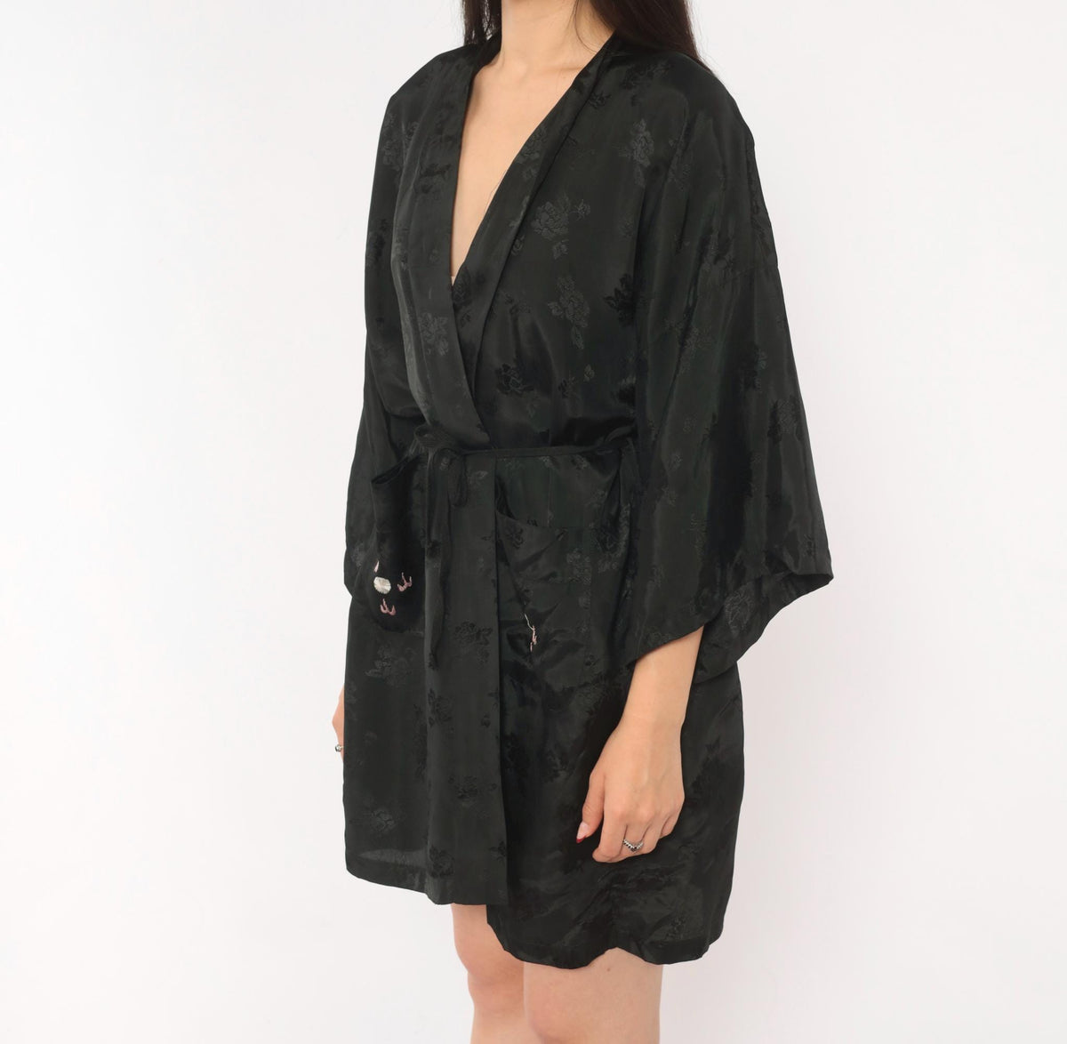 90s Golden Bee Black Satin Kimono Robe Dragon Embroidered Medium M