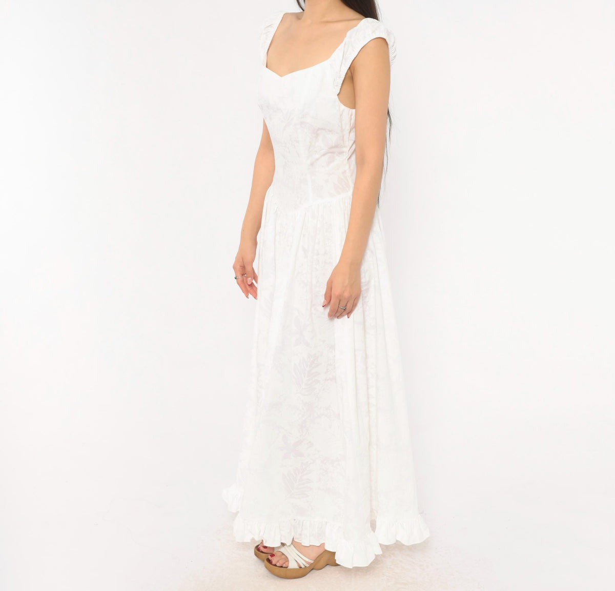 80s White Cotton Maxi Dress Sweetheart Neckline Basque Waist Floral Extra Small