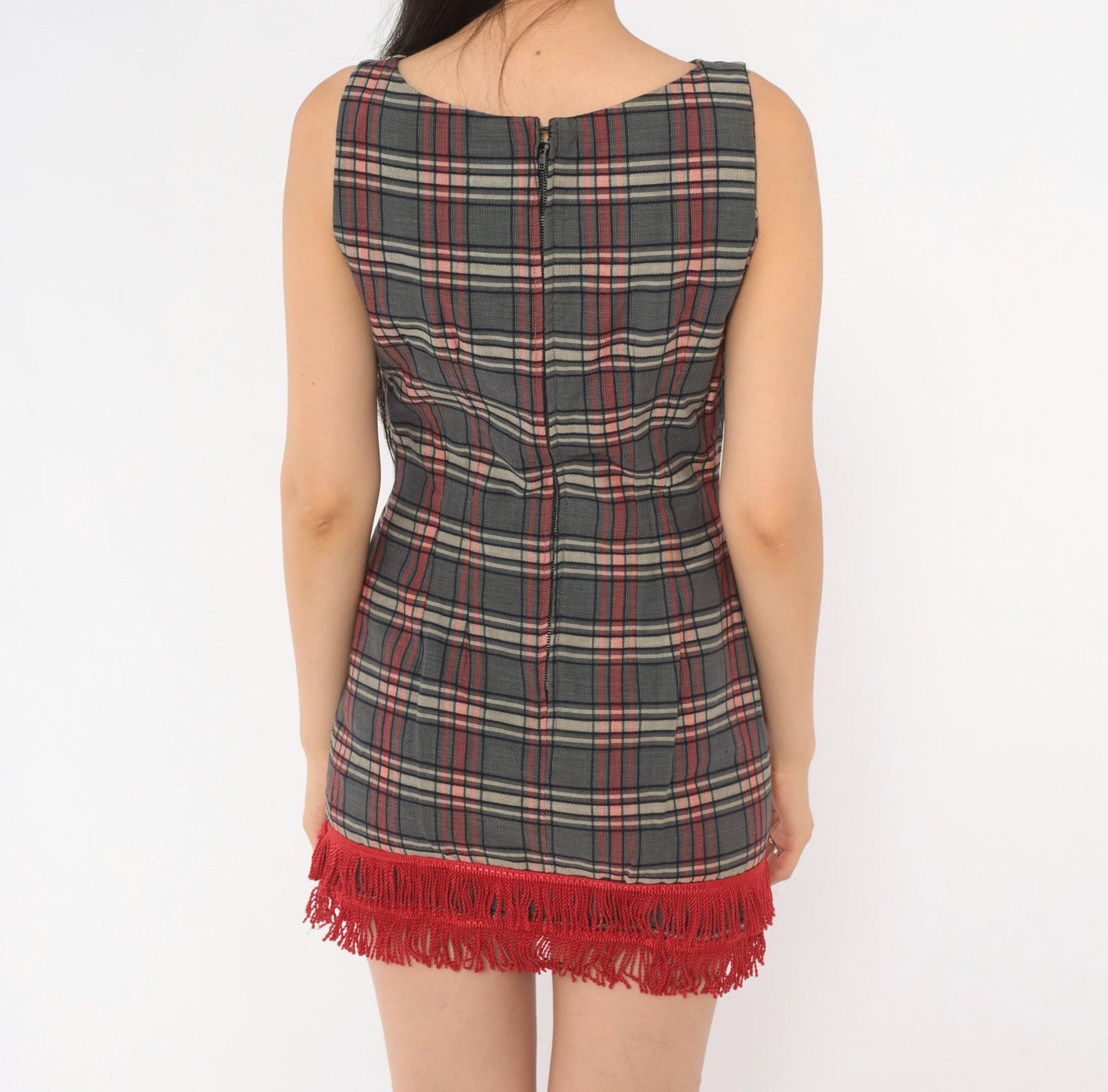 60s Plaid Mini Dress Grey Red Tartan Sleeveless Bow Empire Waist XS