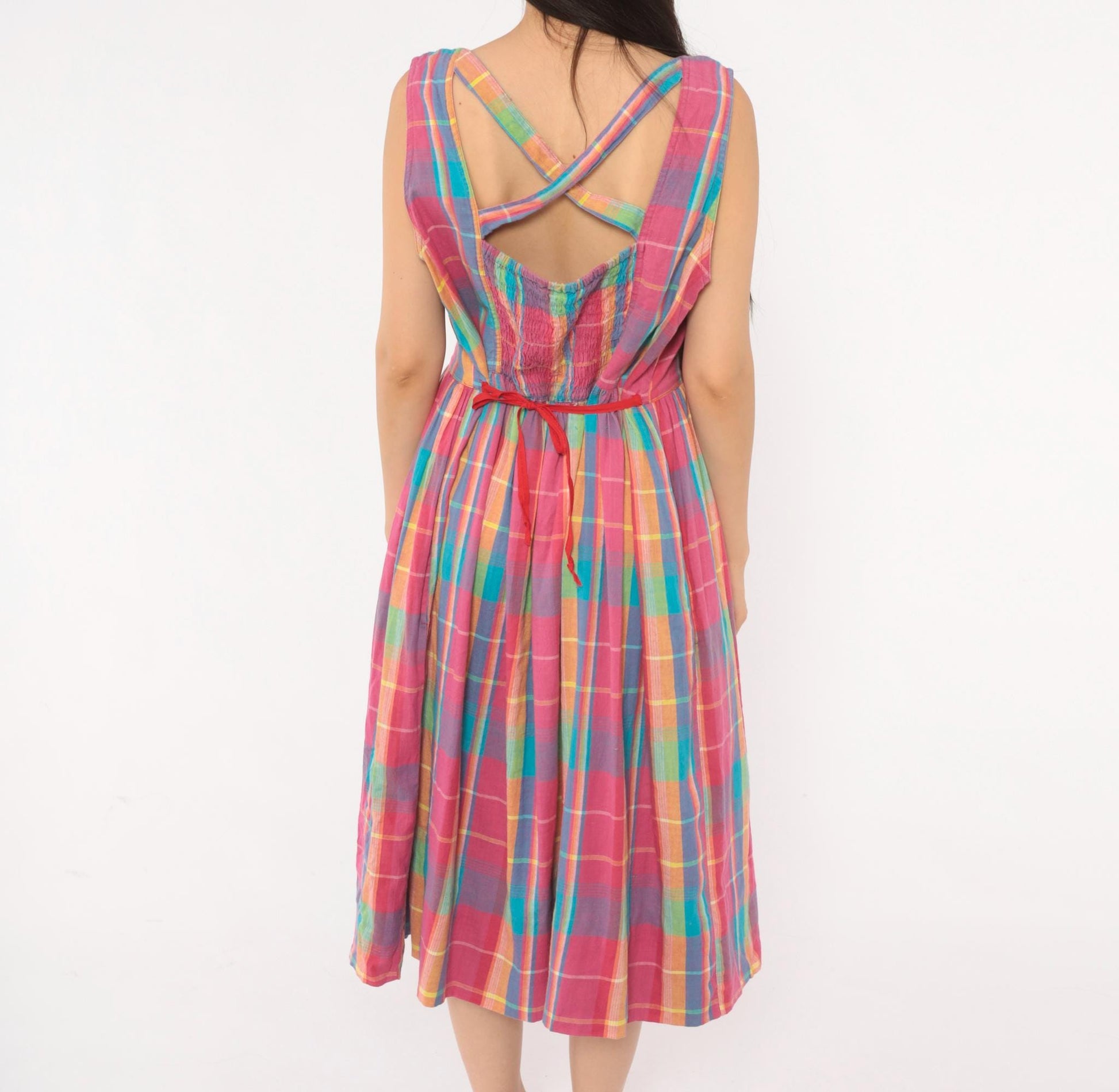 90s Madras Plaid Sundress Pink Turquoise Cotton Button Front Mid-Calf Medium M