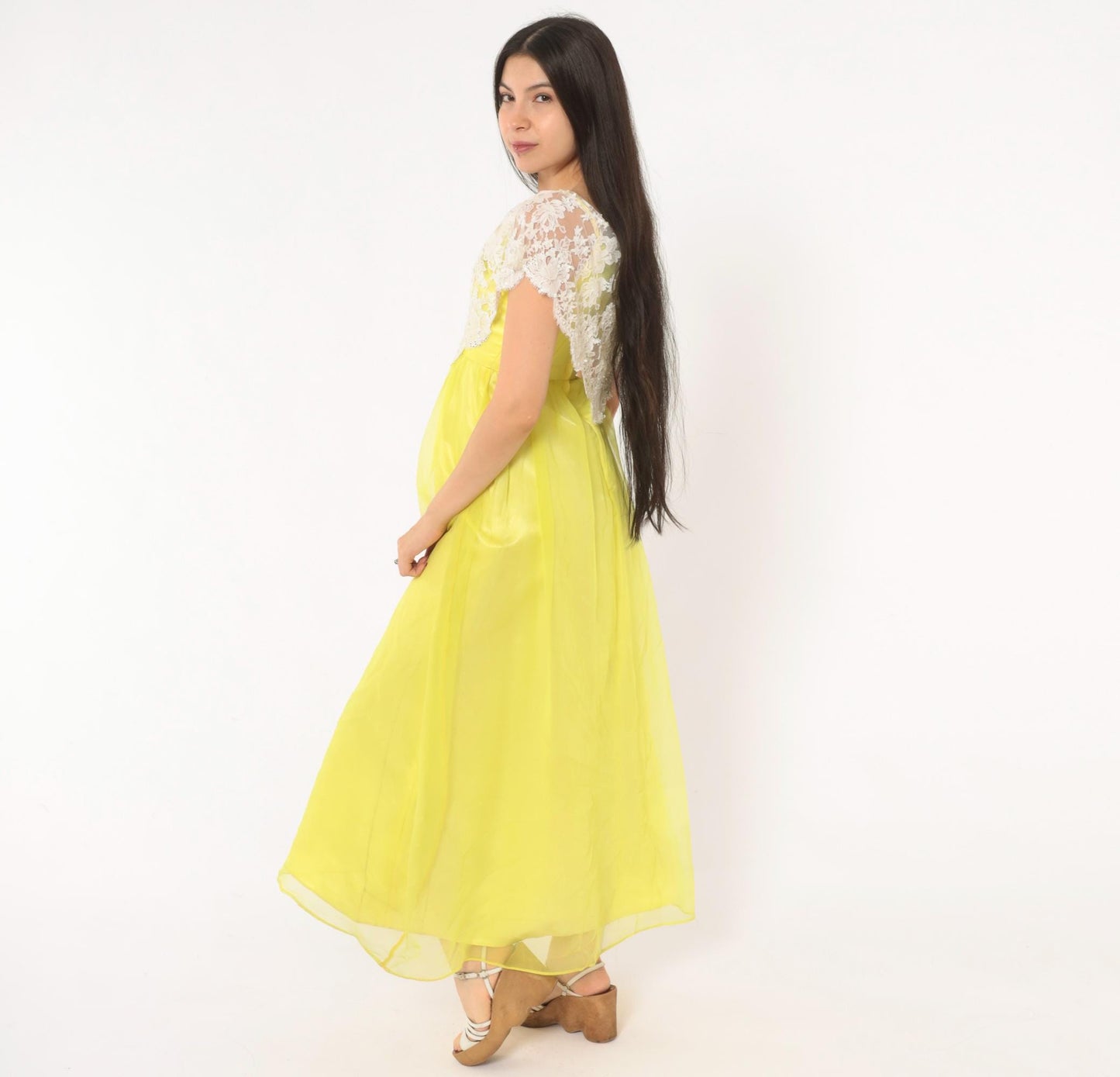 70s Yellow Chiffon Maxi Dress White Lace Overlay Empire Waist V Neck Extra Small XS