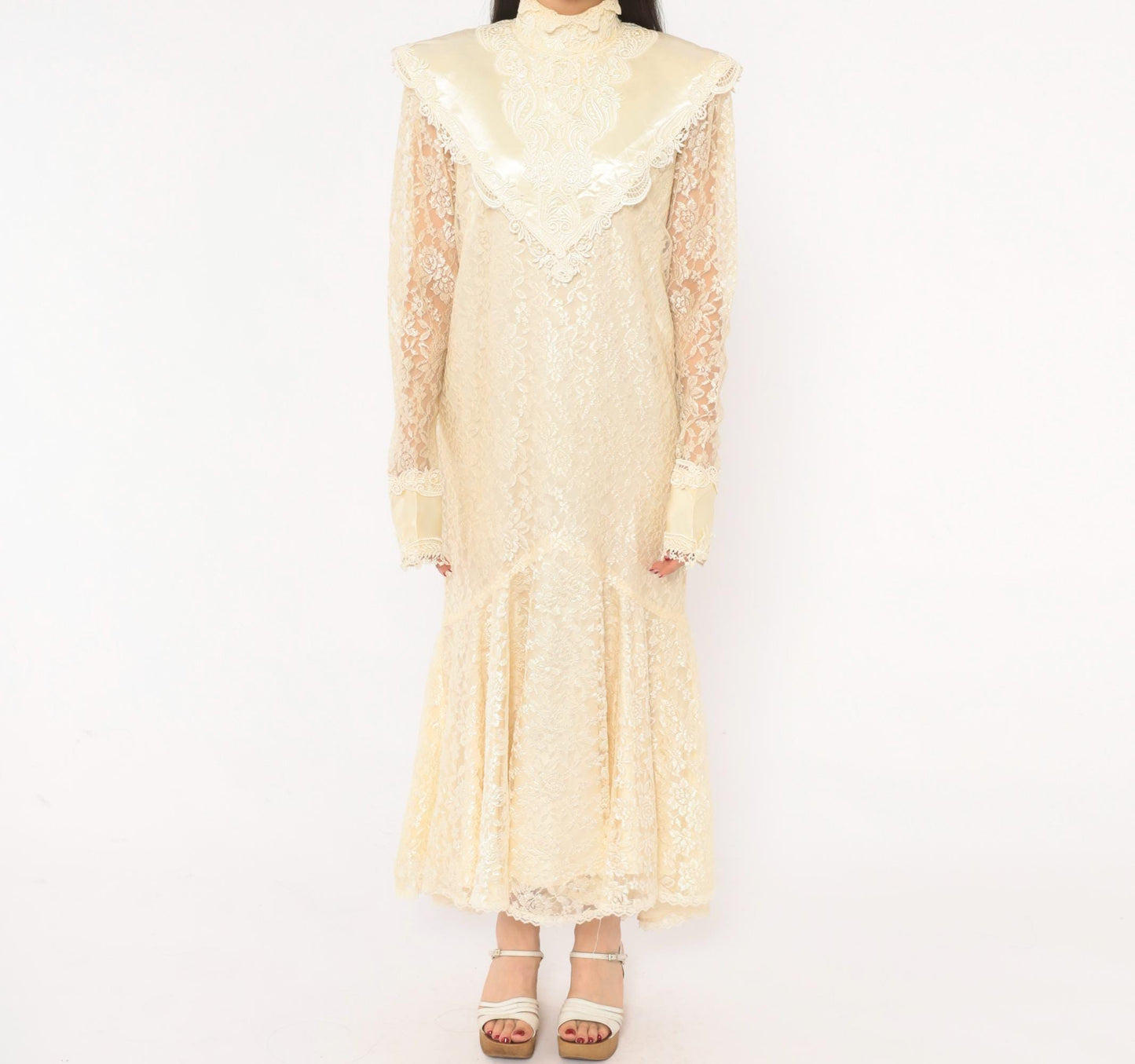 80s Jessica Mclintock Cream Lace Mermaid Wedding Dress High Neck Satin Bib Medium M