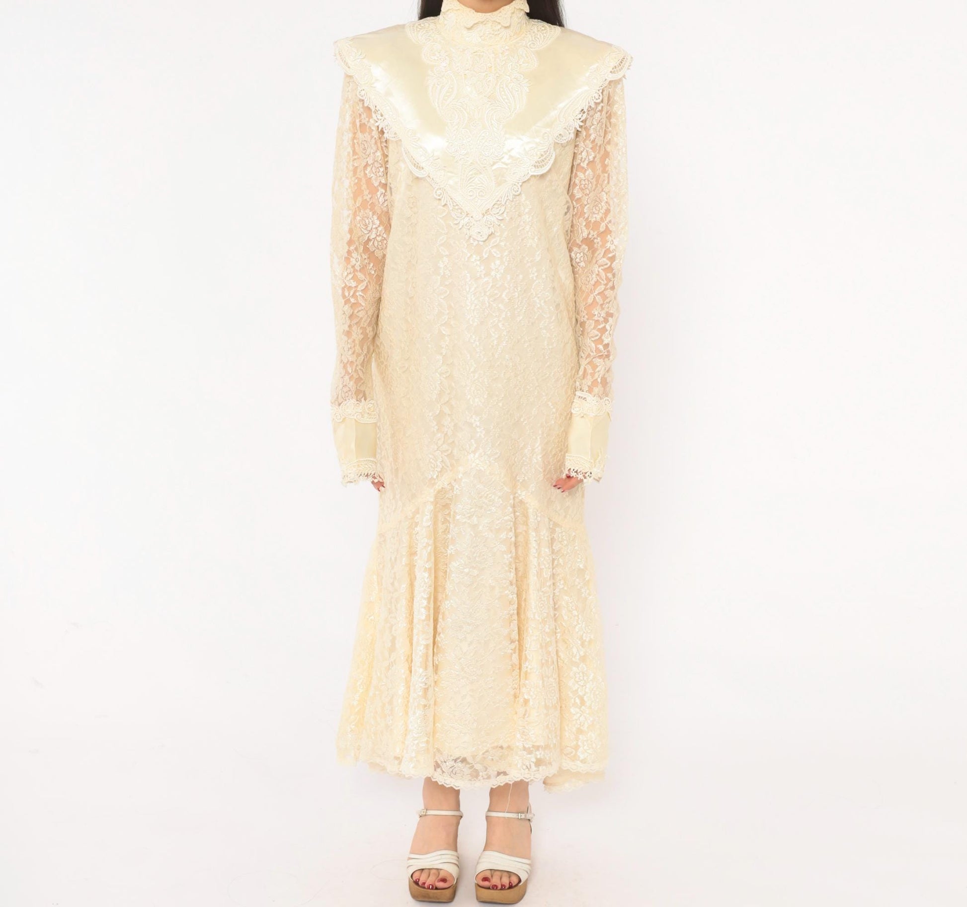 80s Jessica Mclintock Cream Lace Mermaid Wedding Dress High Neck Satin Bib Medium M