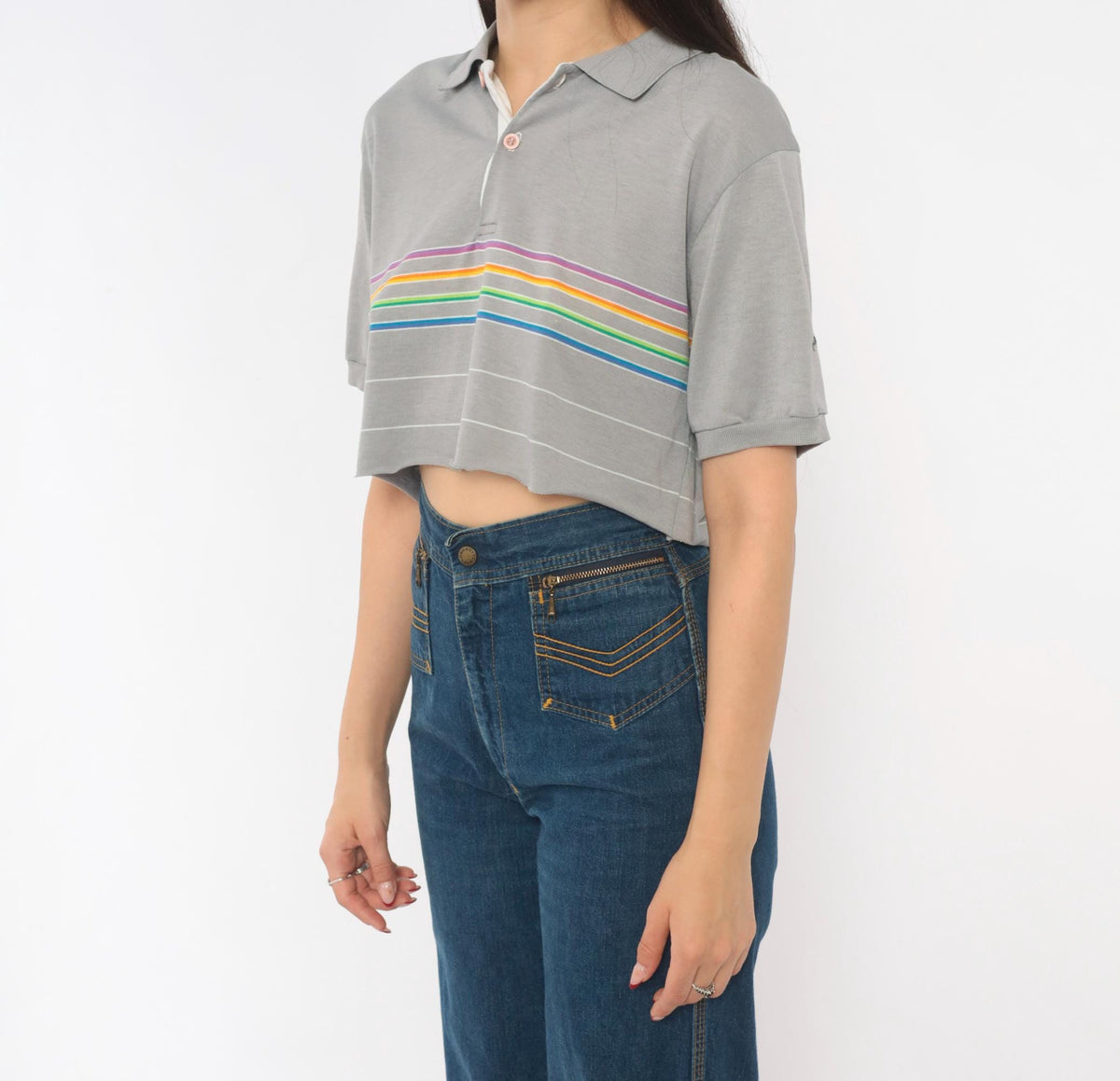 80s Rainbow Stripe Crop Polo Grey Cotton Short Sleeve Medium M