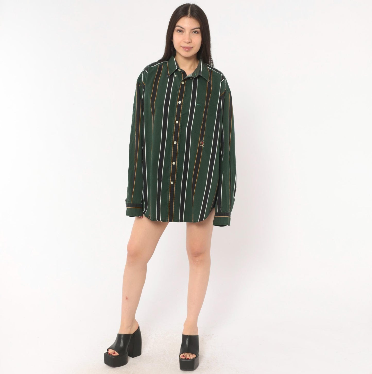 Tommy Hilfiger 90s Striped Cotton Shirt Forest Green Crest Logo Large L