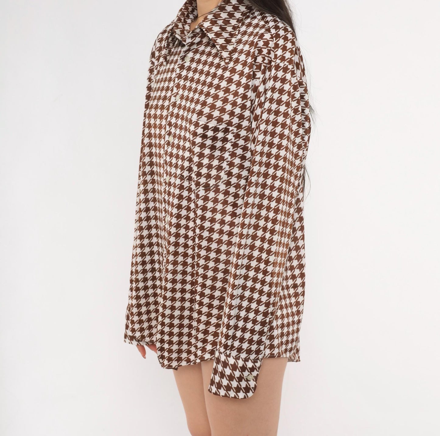 70s Brown White Houndstooth Button Up Shirt Pointed Collar Chest Pocket Large