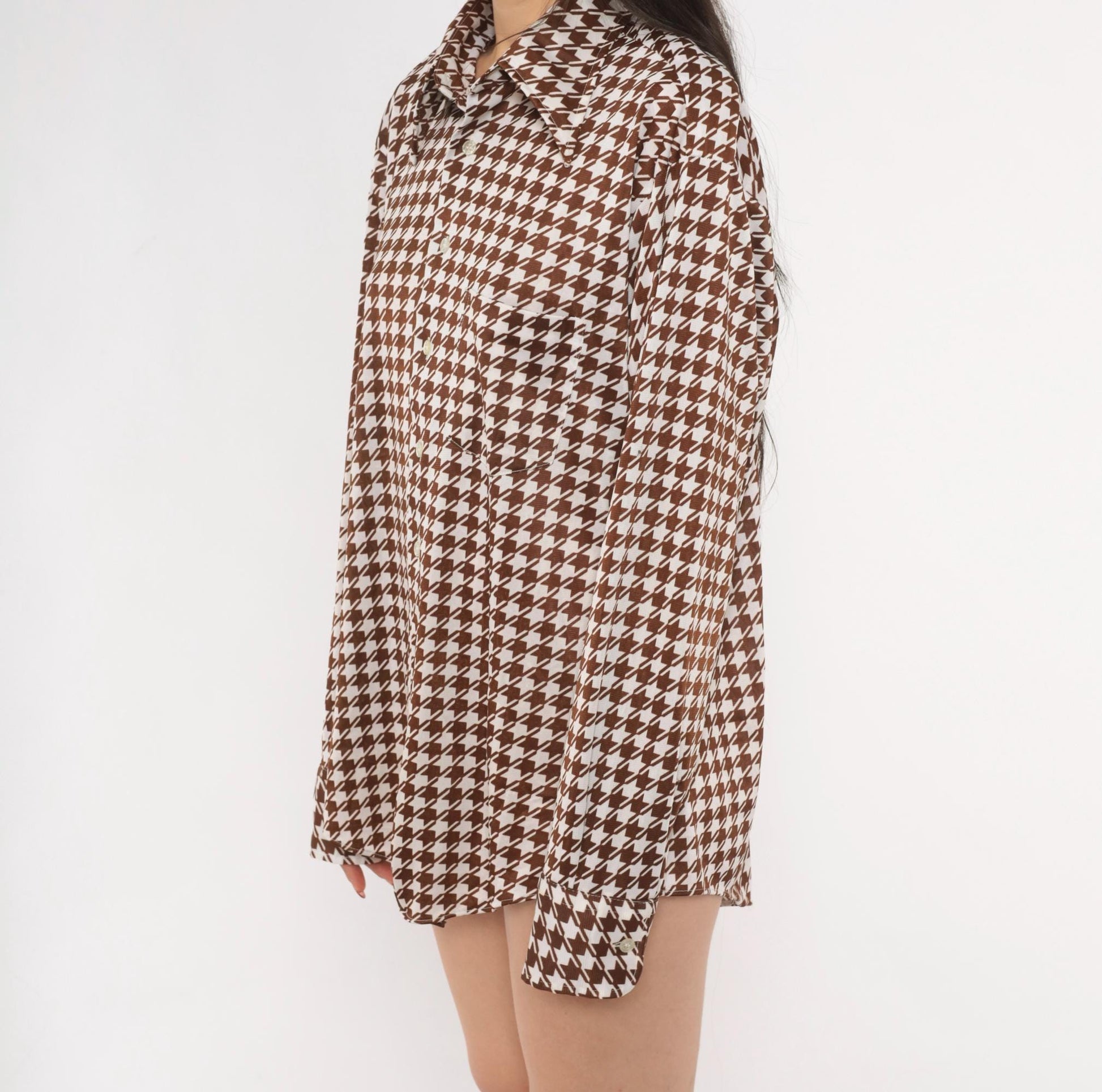70s Brown White Houndstooth Button Up Shirt Pointed Collar Chest Pocket Large
