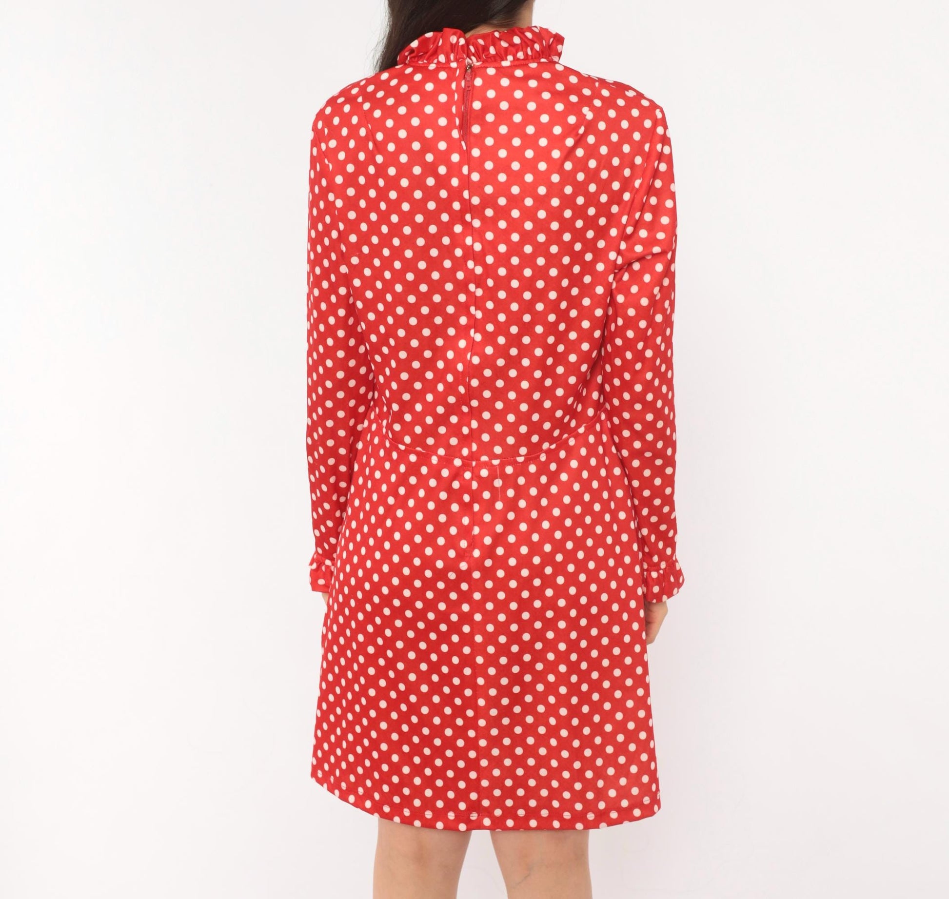 70s Red White Polka Dot Dress Long Sleeve V Neck Ruffle A Line Large