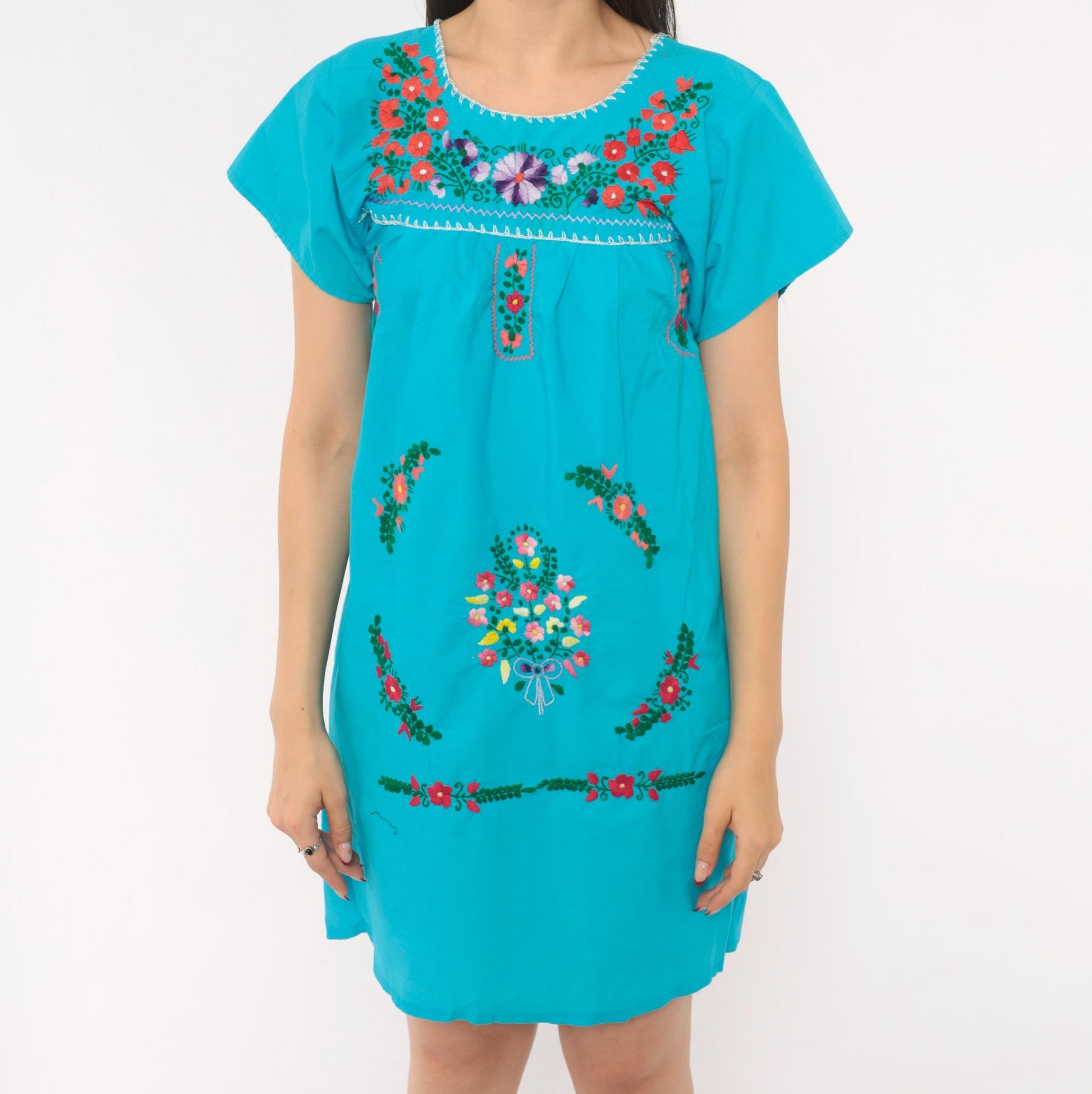 1970s Mexican Puebla Embroidered Cotton Dress Turquoise Floral Mini Extra Small