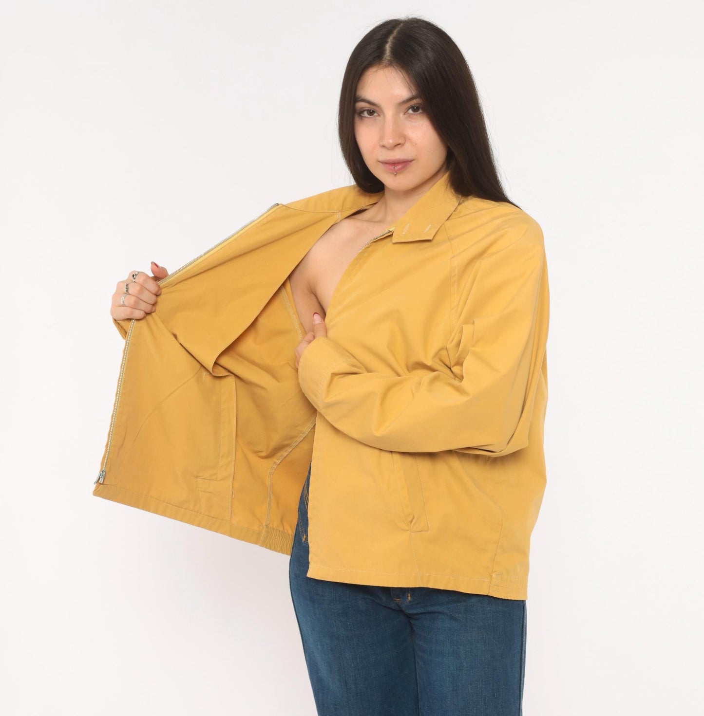 80s Mustard Harrington Jacket Zip Front Cotton Windbreaker Unisex Medium