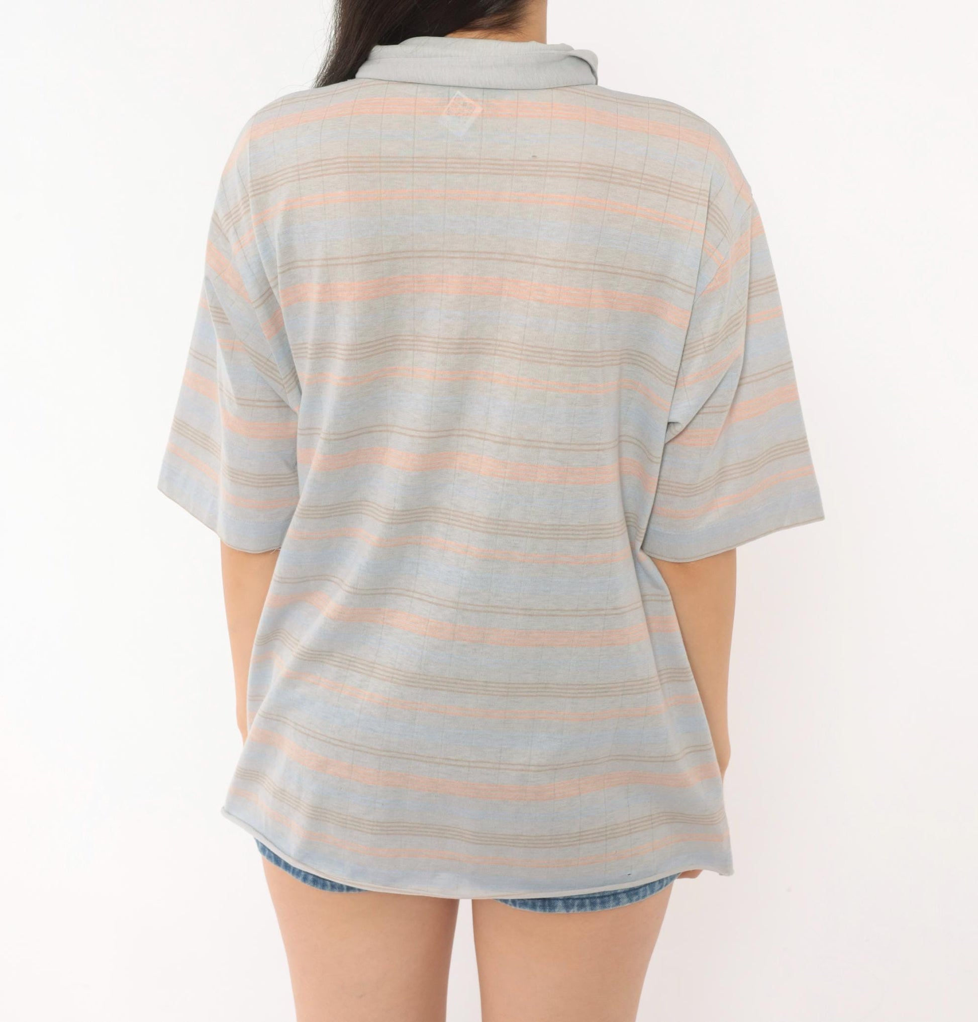 80s Knights Bridge Striped Polo Shirt Grey Peach Cotton Short Sleeve Extra Large XL