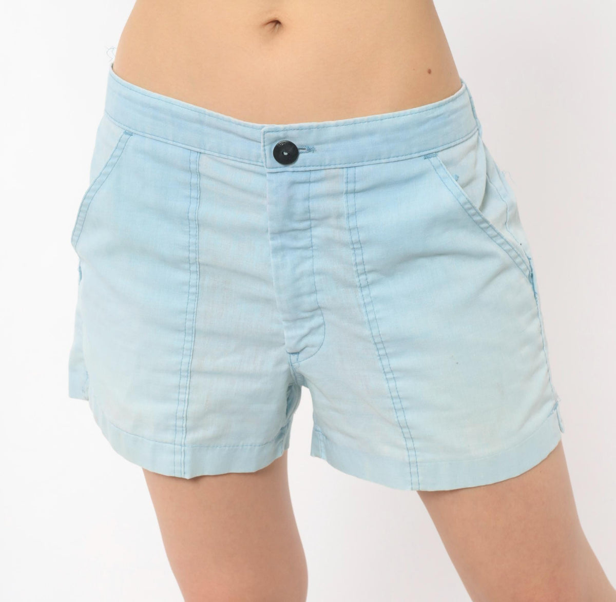 80s Light Blue Cotton Shorts Elastic Waist Button Fly Medium Large
