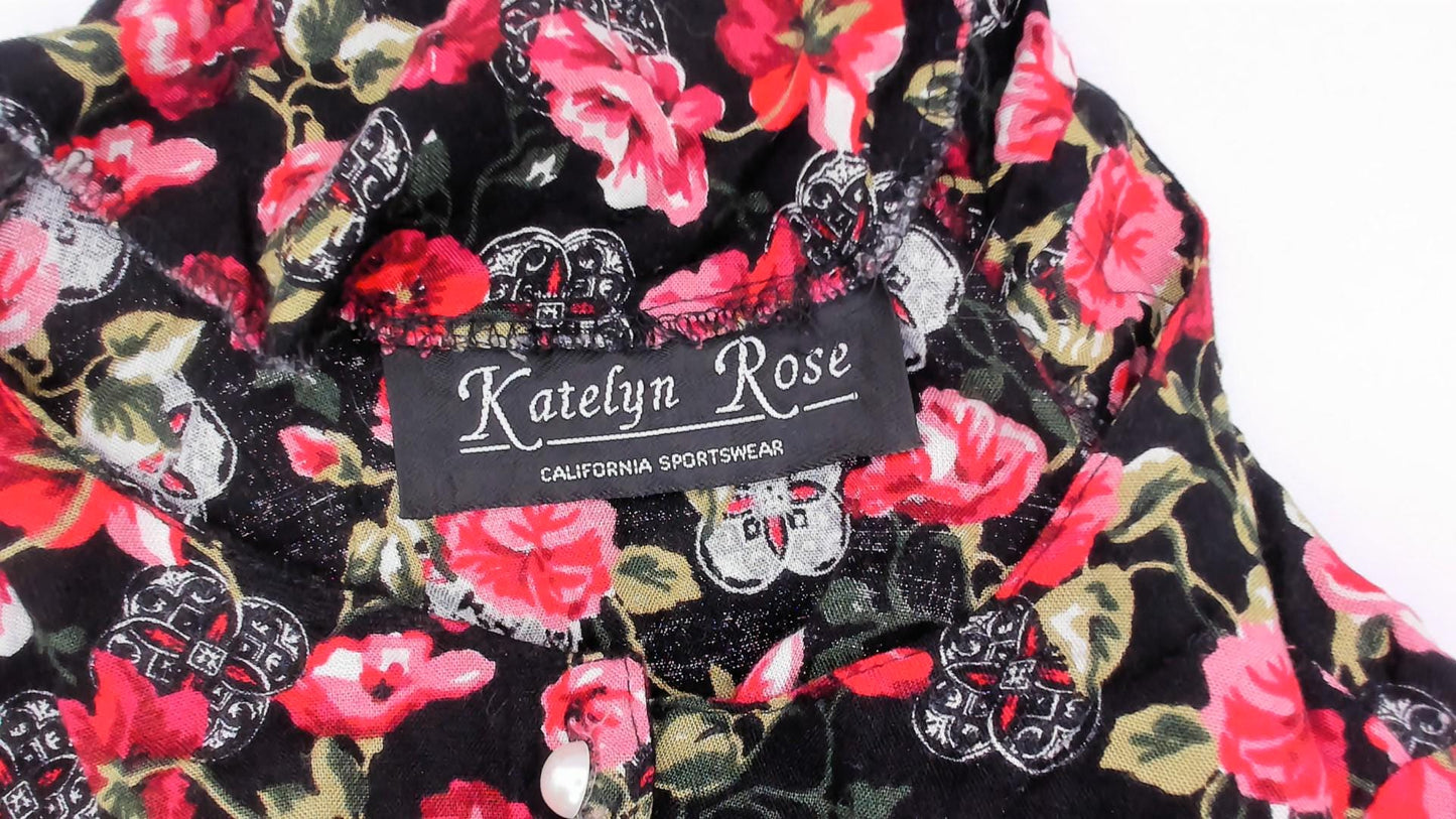 90s Katelyn Rose Black Pink Floral Button Blouse Short Sleeve Small S