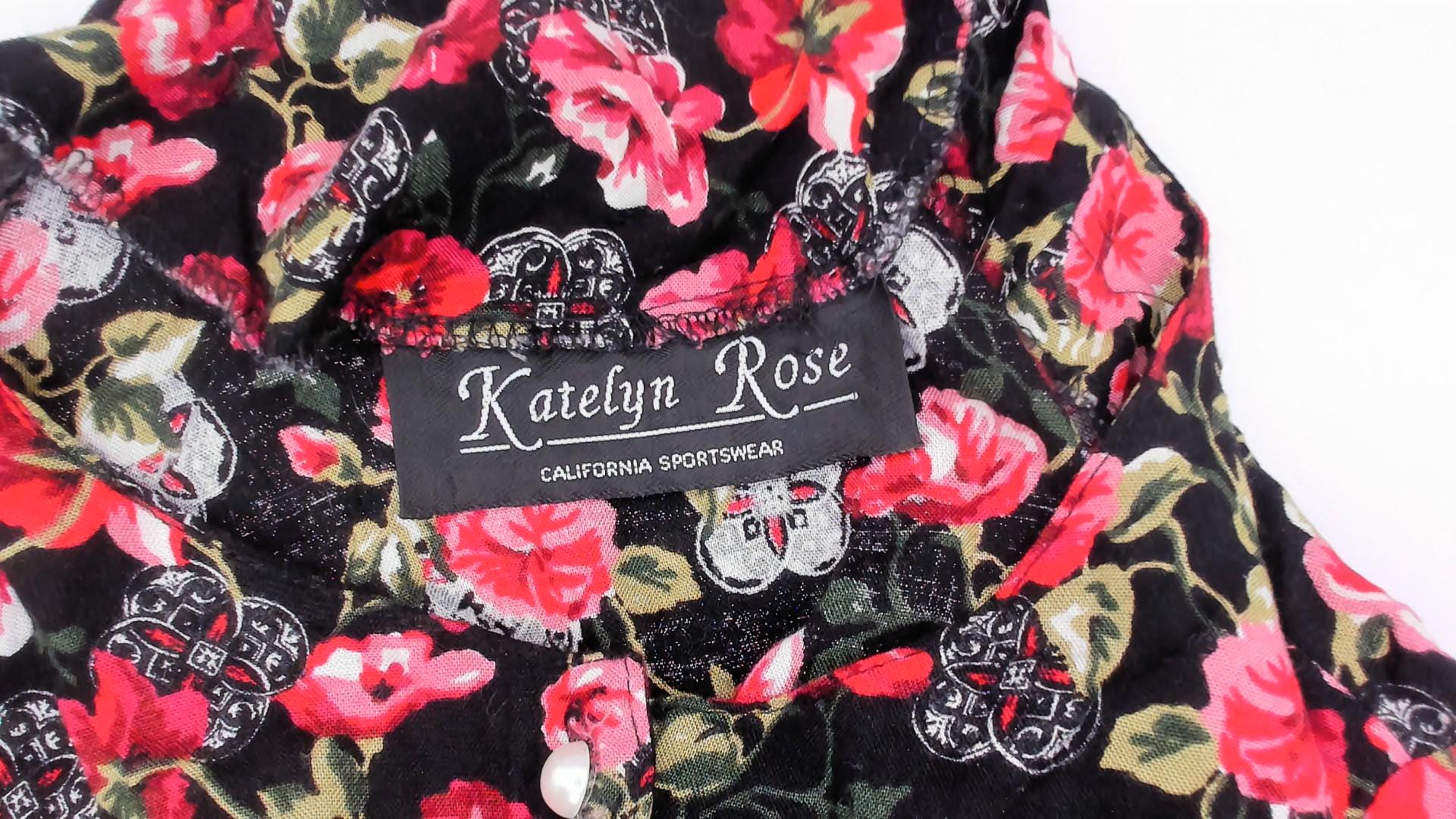 90s Katelyn Rose Black Pink Floral Button Blouse Short Sleeve Small S