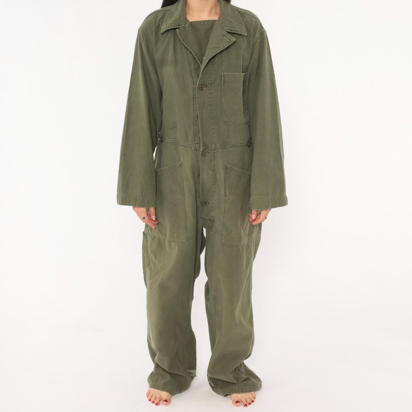 80s Army Olive Cotton Coveralls Button Front Jumpsuit Medium M