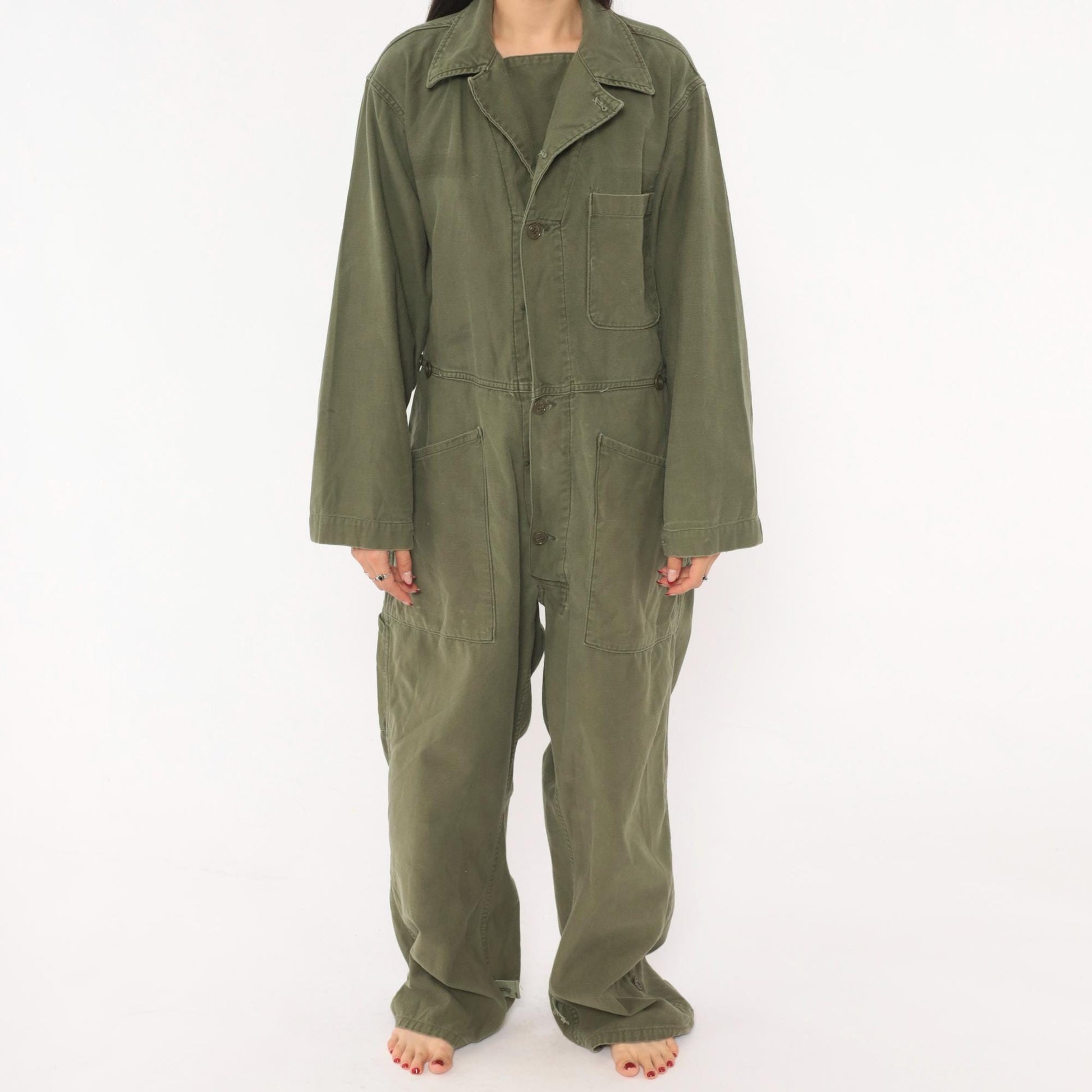 80s Army Olive Cotton Coveralls Button Front Jumpsuit Medium M