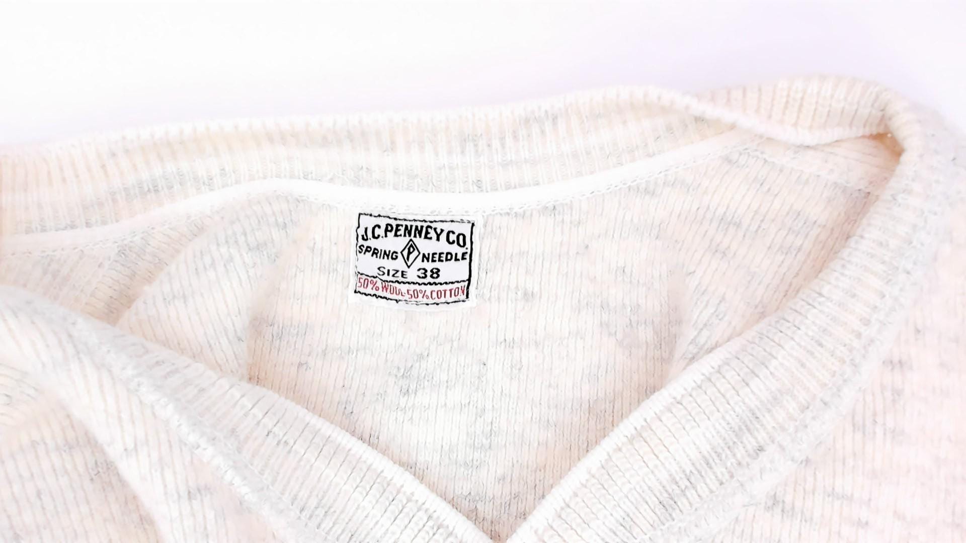 1950s JCPenney Union Suit Oatmeal Heathered Wool Cotton V-Neck Long Johns Extra Small XS
