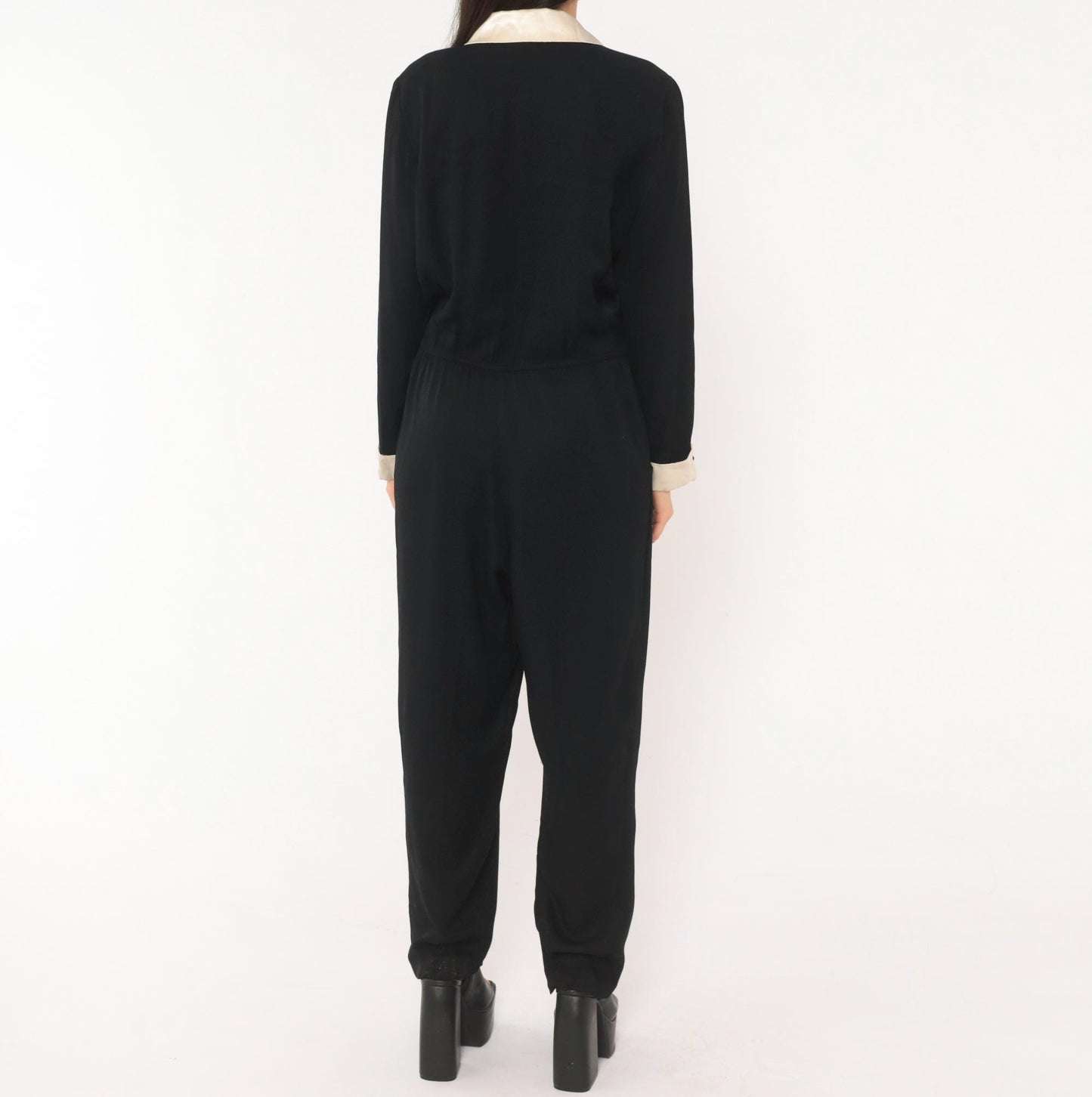 90s RJ & Co Black Jumpsuit Cream Satin Shawl Collar Wrap Front Medium M
