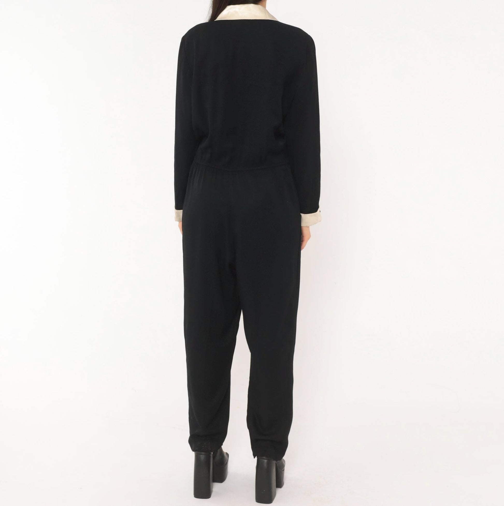 90s RJ & Co Black Jumpsuit Cream Satin Shawl Collar Wrap Front Medium M