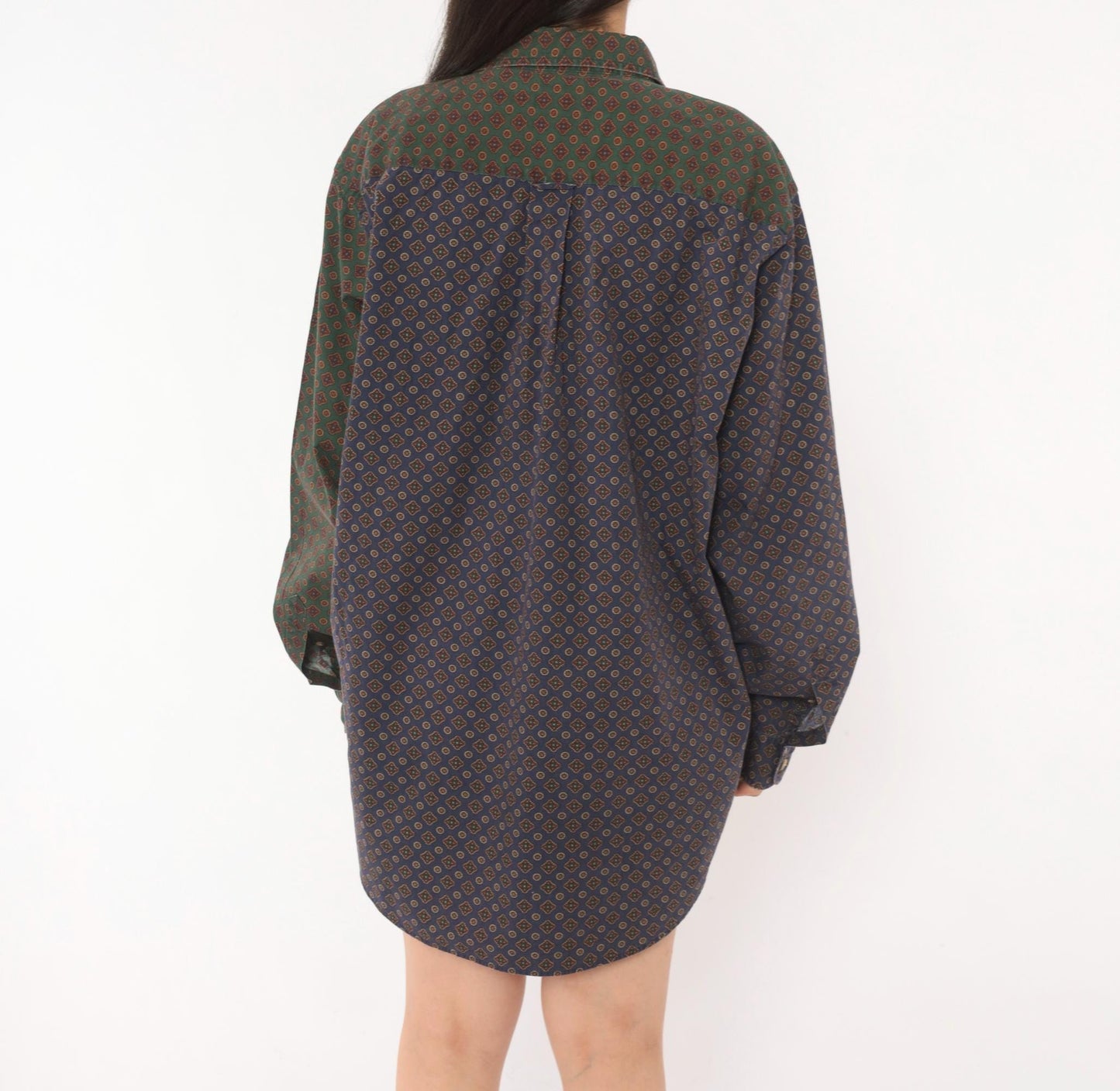 90s Nautica Patchwork Button Shirt Medallion Print Olive Navy Large L