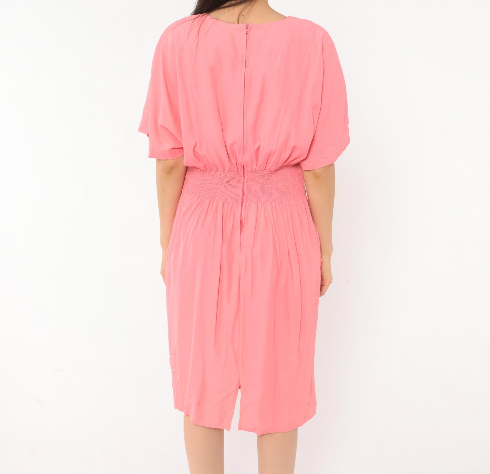 90s Carol Anderson Coral Pink Blouson Dress Smocked Waist Knee Length Large L