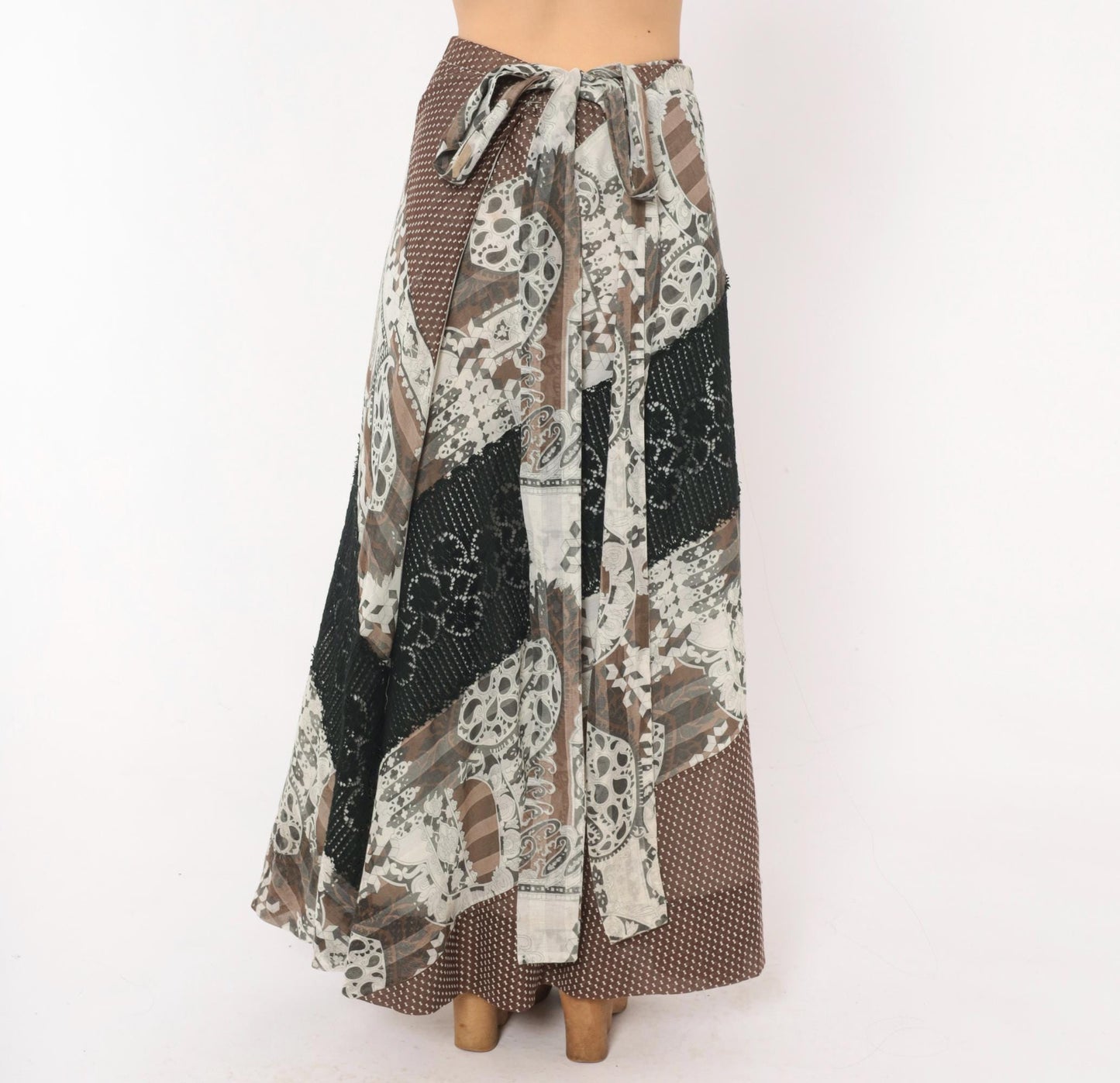 70s Chessa Davis Patchwork Maxi Wrap Skirt Brown Black Paisley Crochet Lace Large L