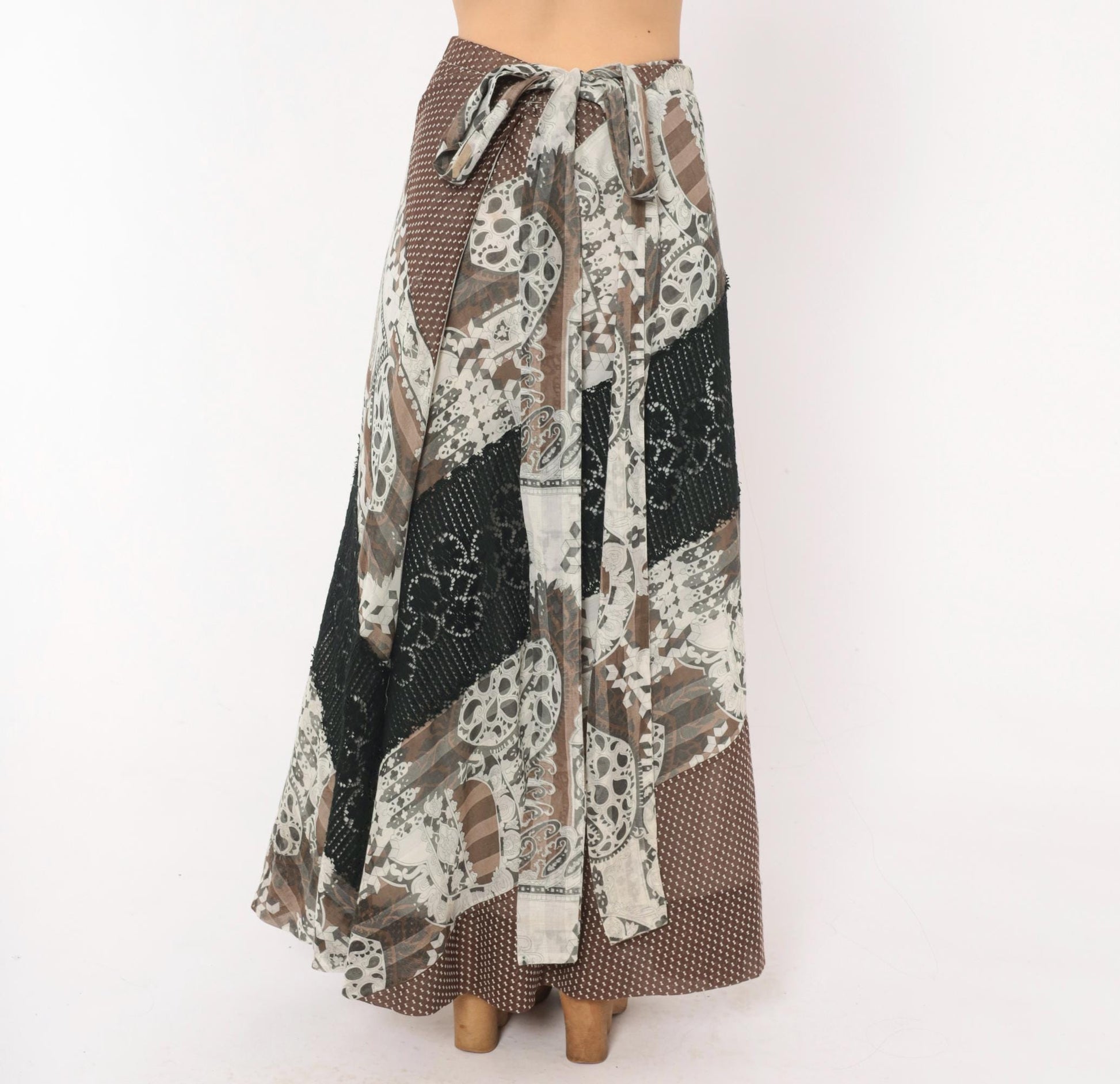 70s Chessa Davis Patchwork Maxi Wrap Skirt Brown Black Paisley Crochet Lace Large L