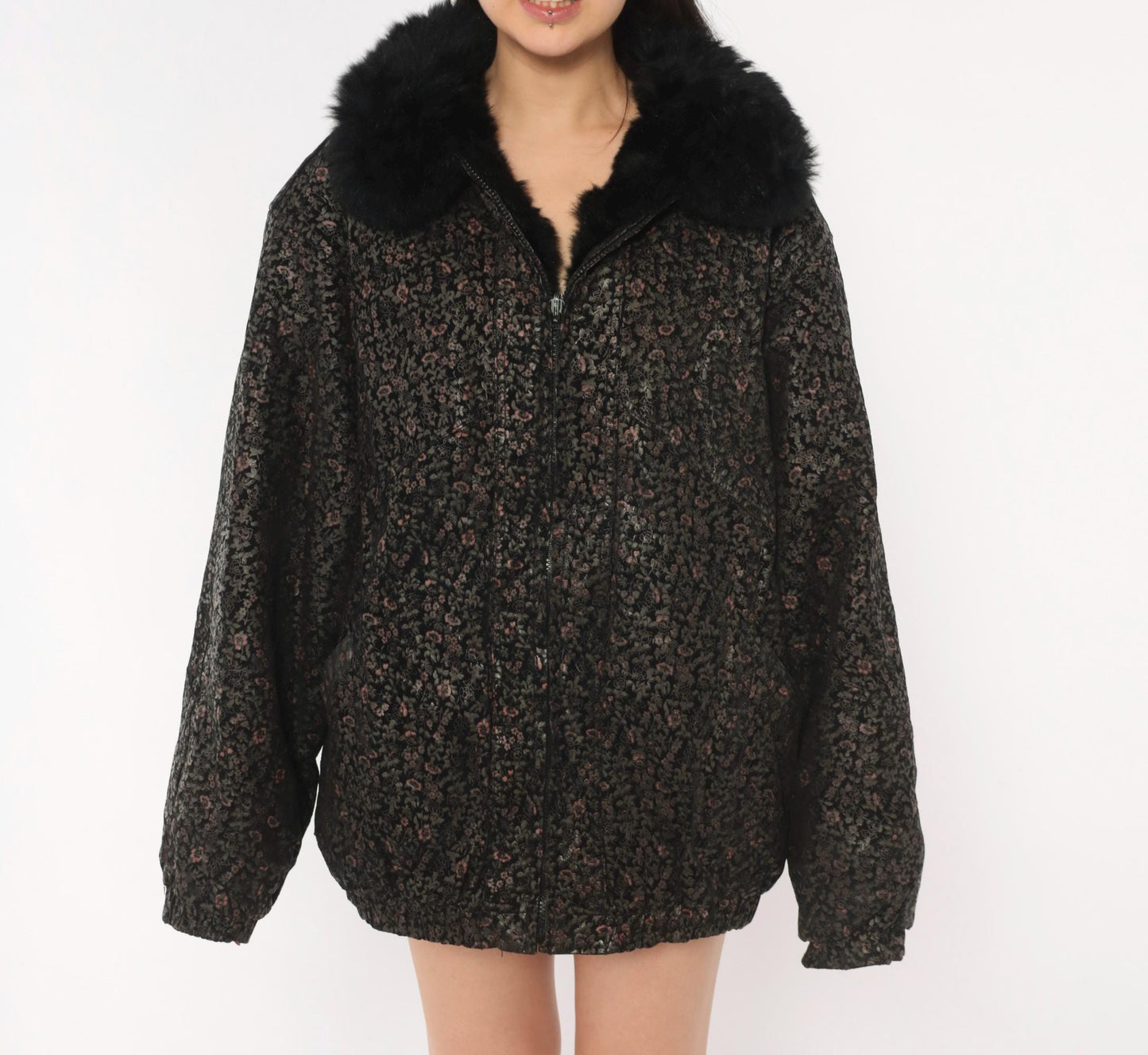 90s Black Floral Suede Bomber Jacket Faux Fur Collar Pink Extra Large