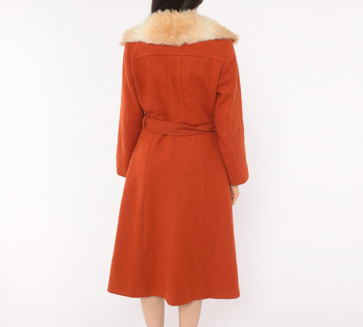 70s Burnt Orange Wool Coat Faux Fur Collar Belted Knee-Length Small