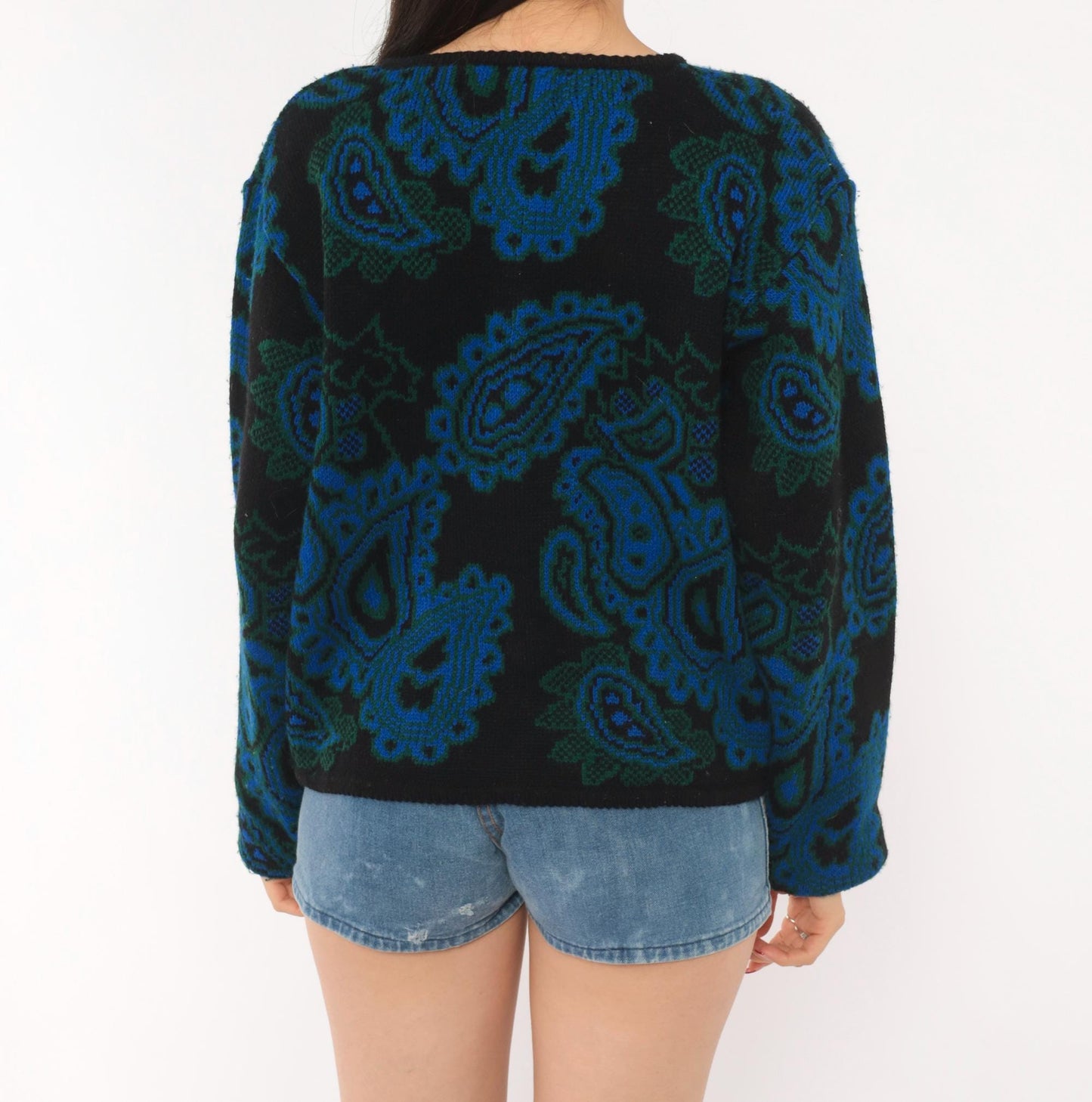 70s Tally-Ho Paisley Jacquard Cardigan Blue Green Black Button Front Large