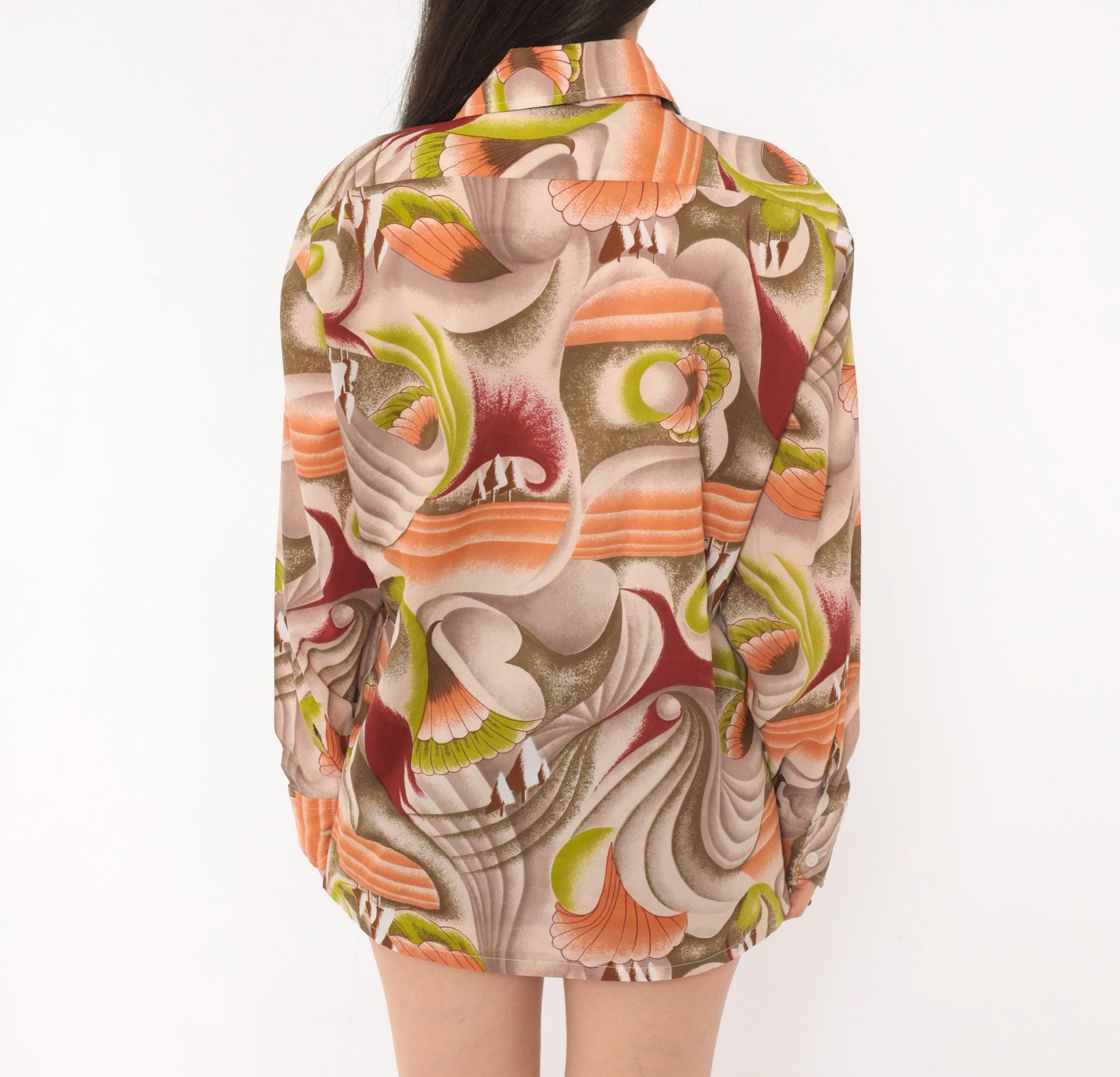 70s Landmark Button Front Shirt Psychedelic Swirl Print Olive Burgundy Medium