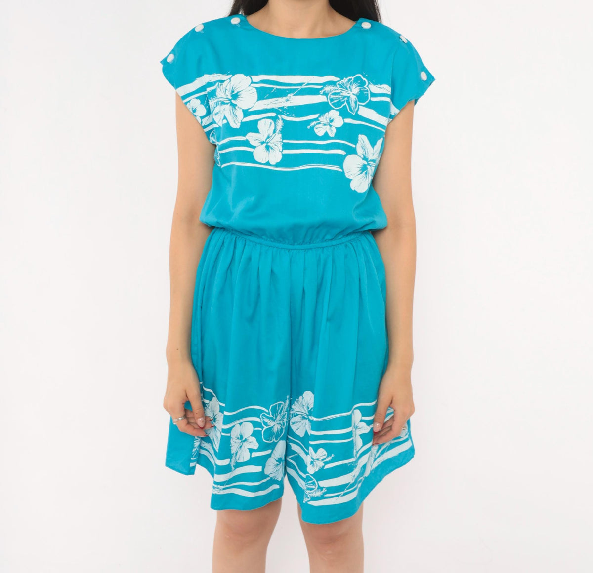80s Hans Jütte Hawaii Hibiscus Romper Turquoise Floral Cotton Cap Sleeve Medium