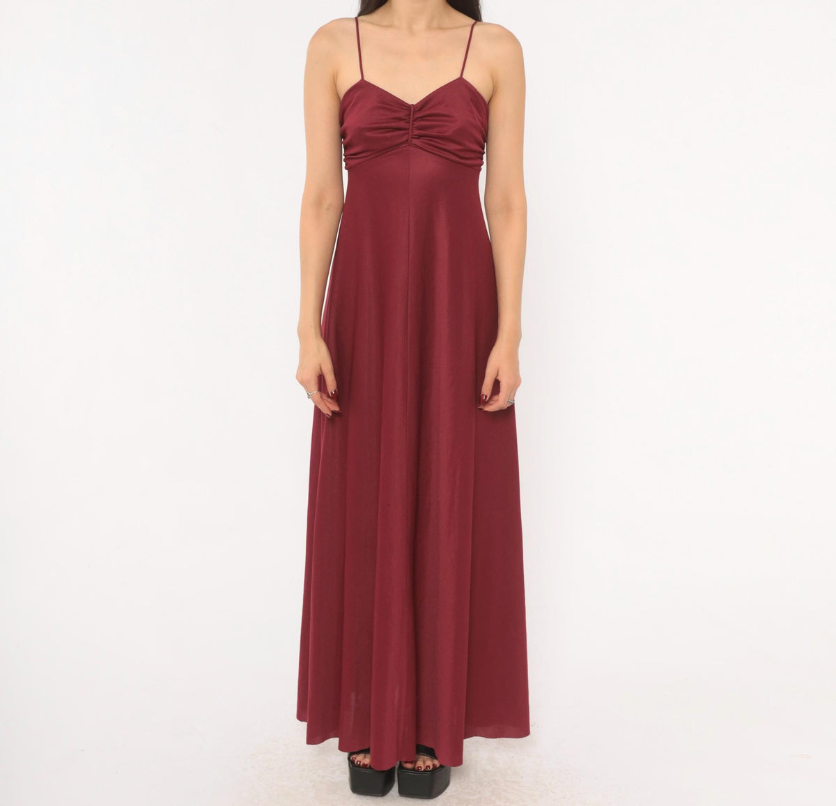 70s Burgundy Maxi Dress Sweetheart Neckline Empire Waist Spaghetti Strap Small