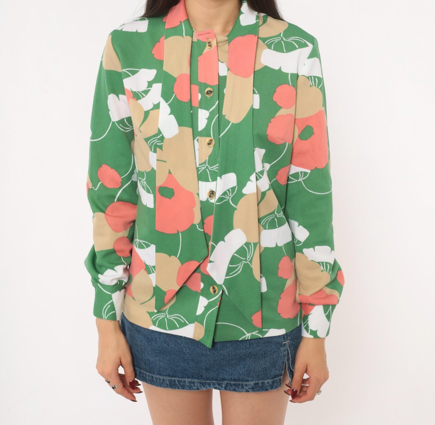 70s Lady Carol Floral Blouse Green Poppy Pussy Bow Button Front Medium