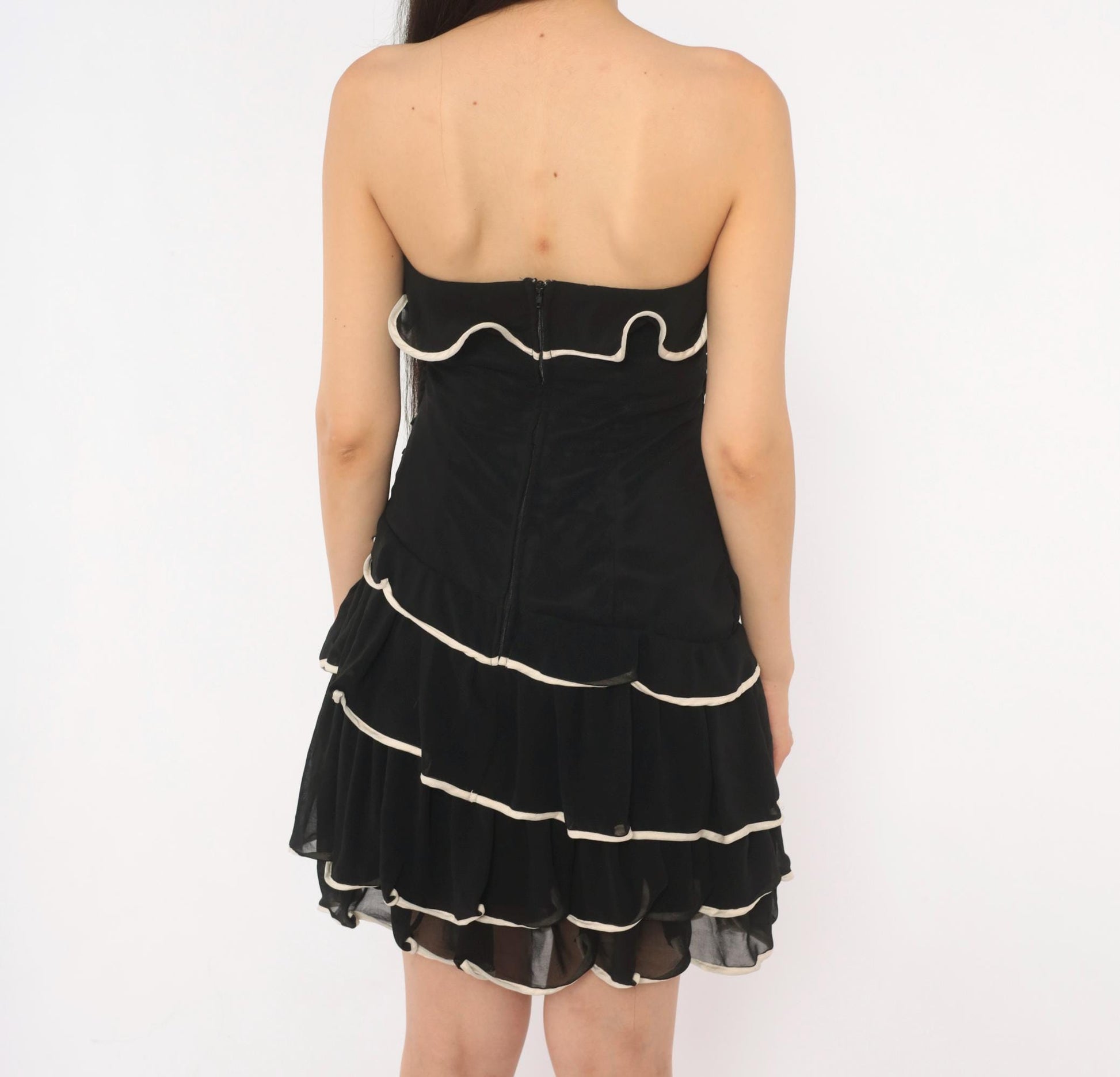 Y2K Black Mini Dress Sweetheart Neckline White Piping Ruched Bustier Medium M