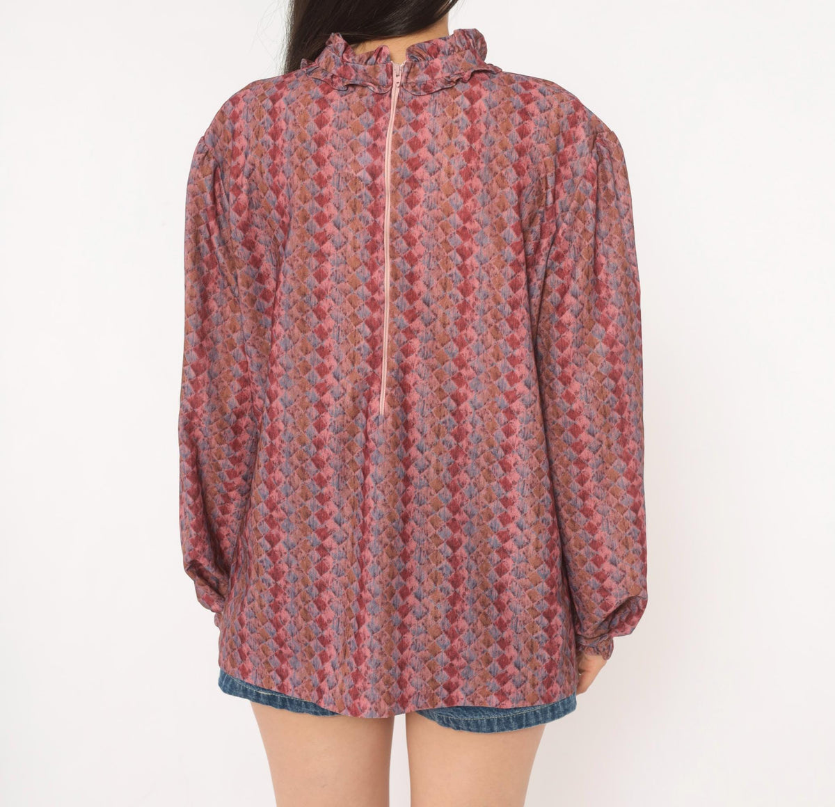 70s La Grande Petite Diamond Harlequin Blouse Ruffle Neck Puff Sleeve Dusty Rose Extra Large