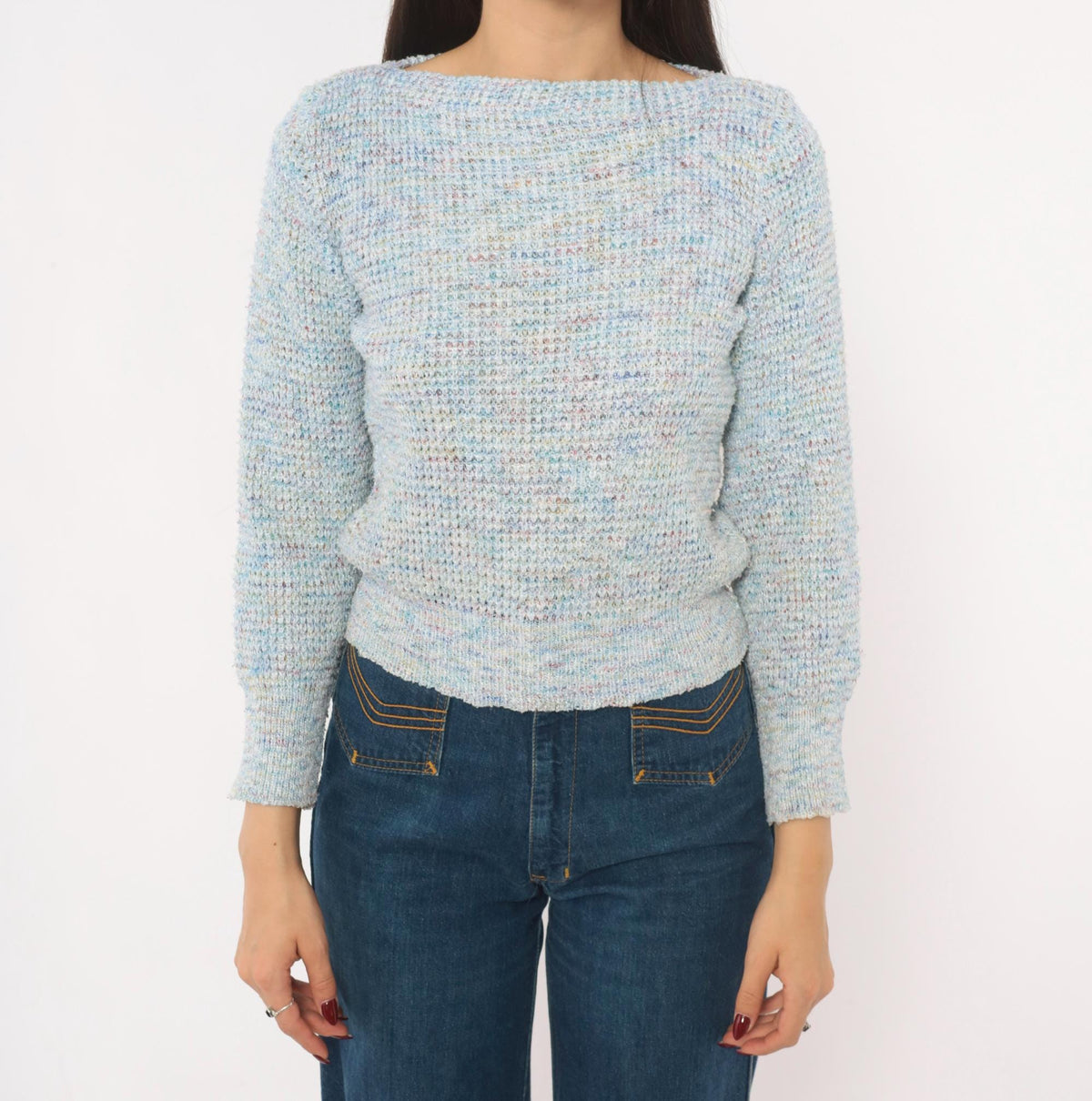 70s Powder Blue Speckled Knit Sweater Boat Neck Cropped Small