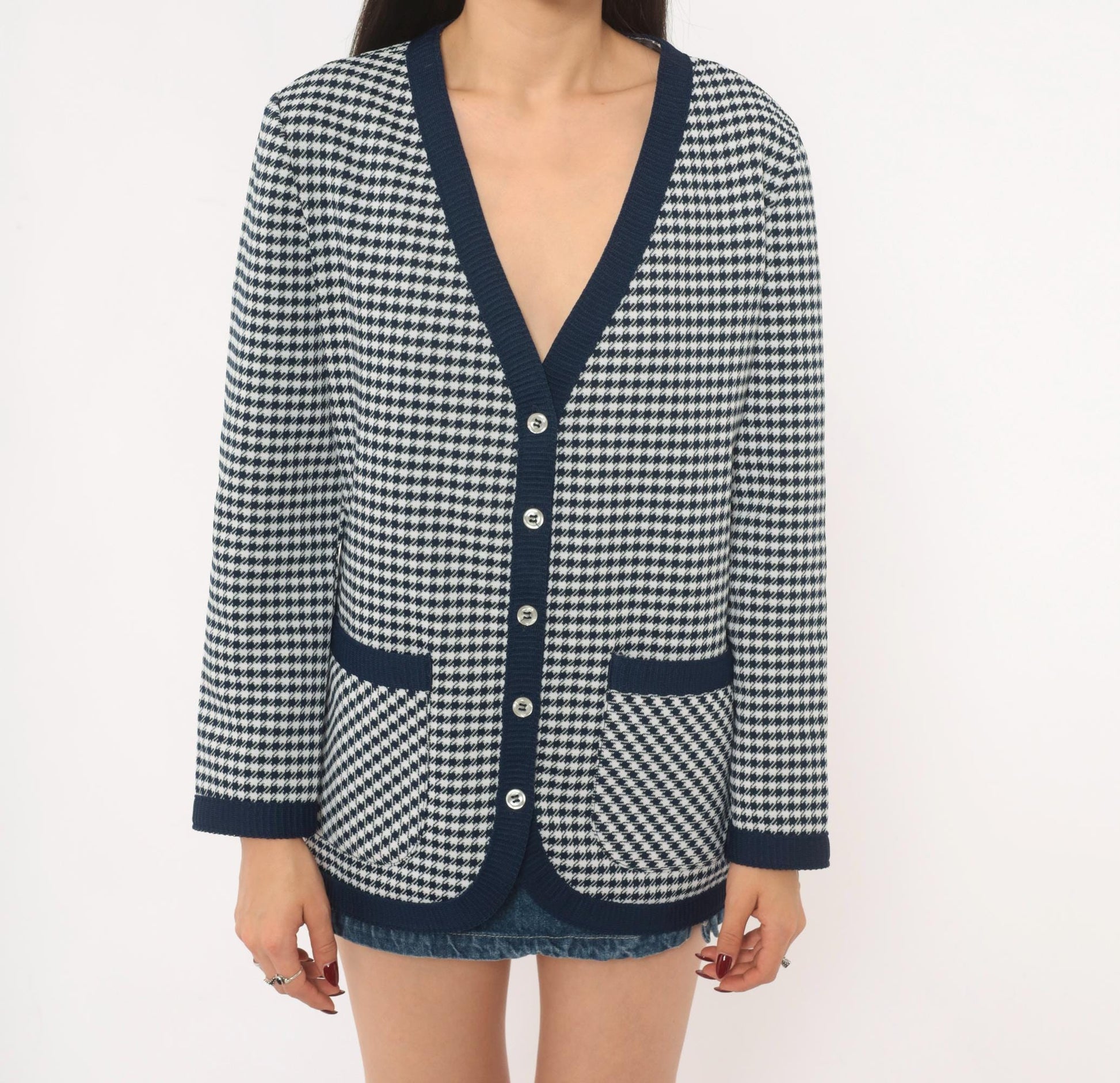 70s Jack Winter Houndstooth Cardigan Navy White Check Knit Medium M
