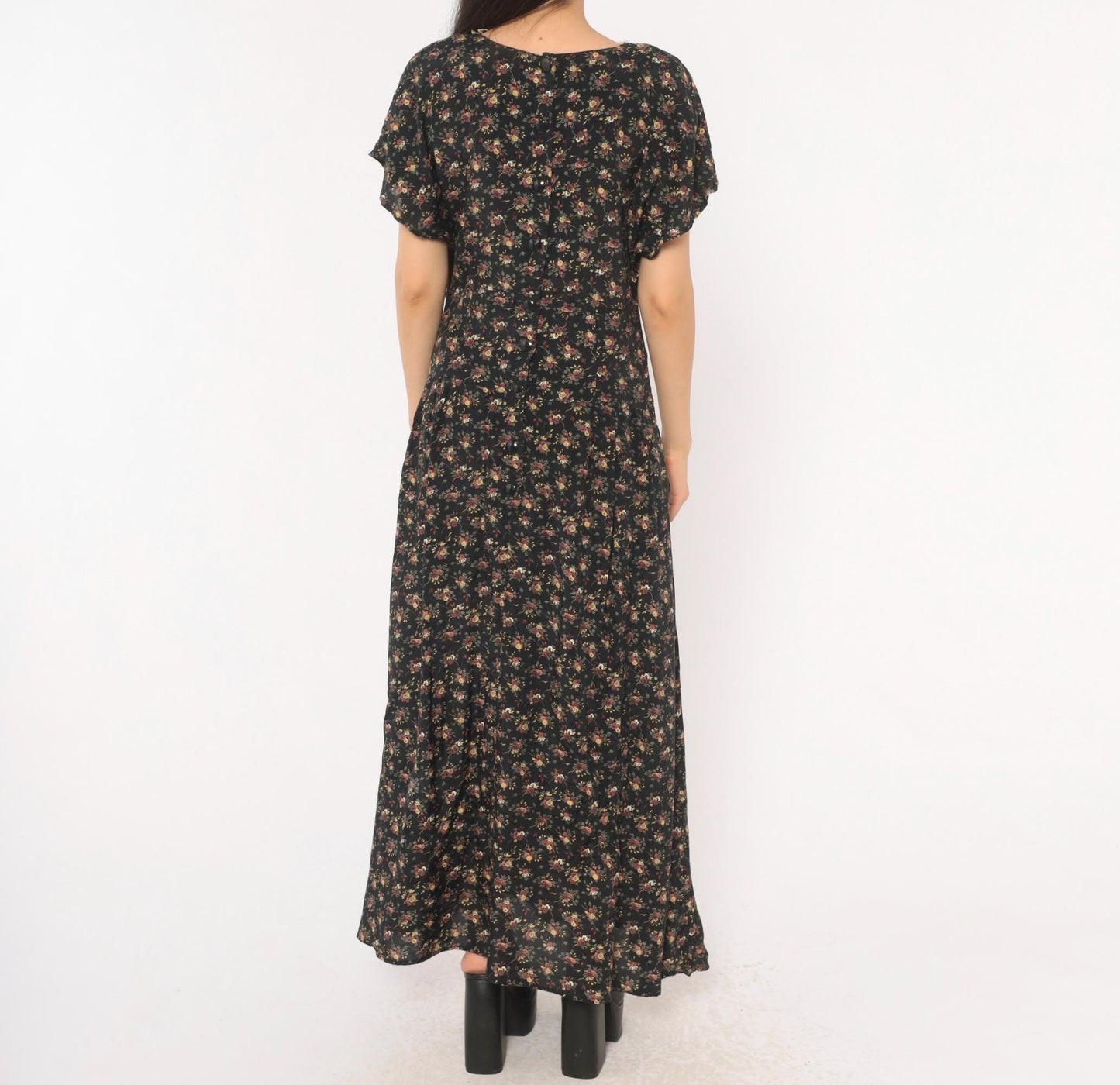 90s Ariana Black Floral Maxi Dress V-Neck Wrap Lace Trim Flutter Sleeve Large L